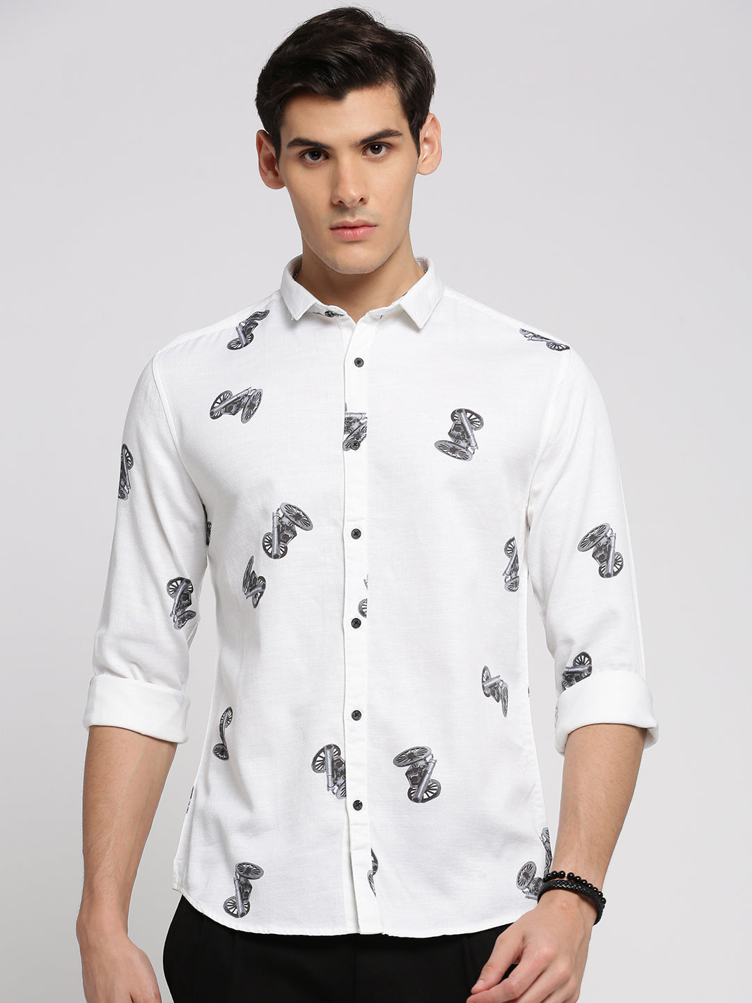 Men's White Slim Fit Conversational Printed Long Sleeves Cotton Shirt