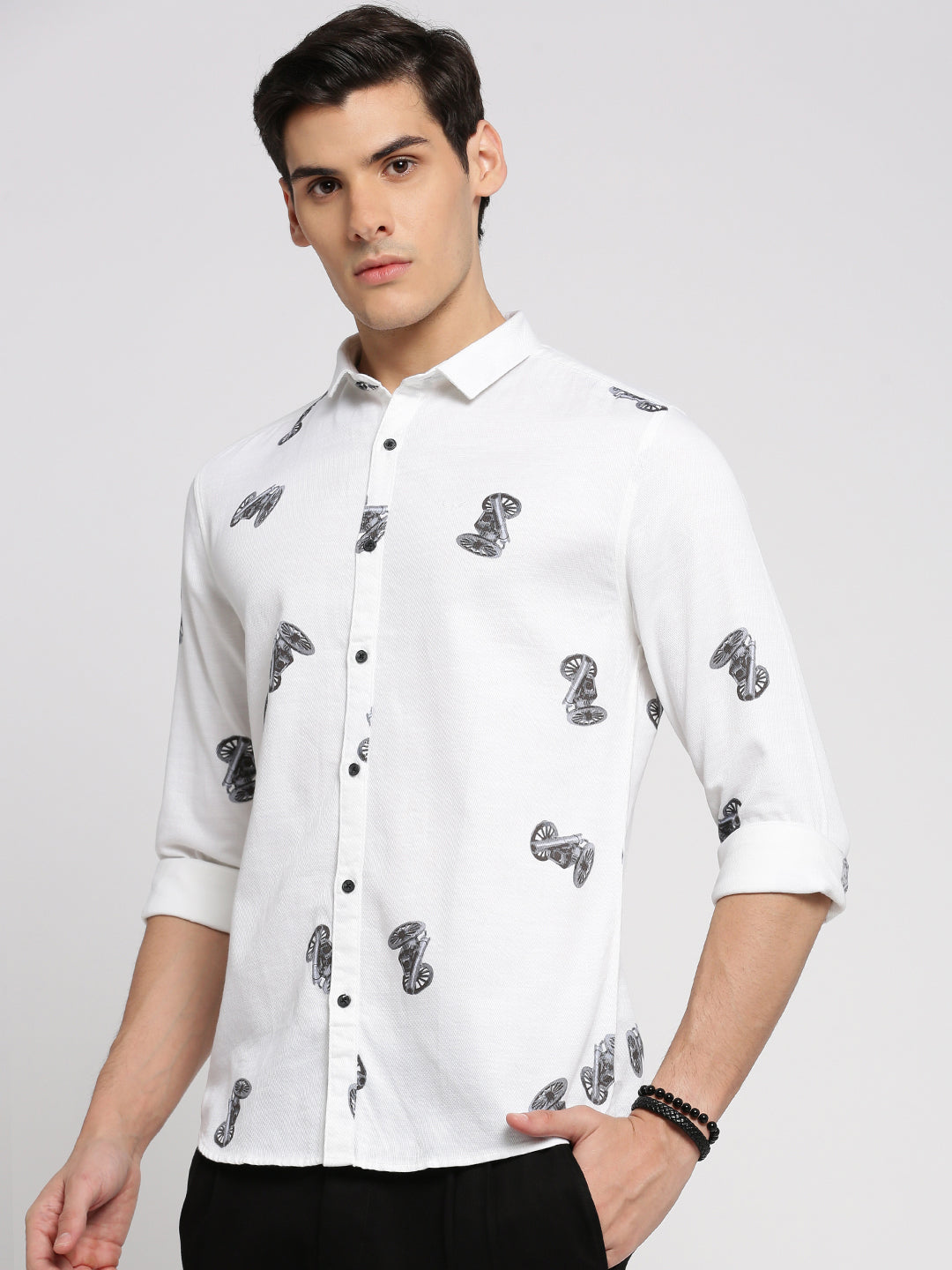 Men's White Slim Fit Conversational Printed Long Sleeves Cotton Shirt