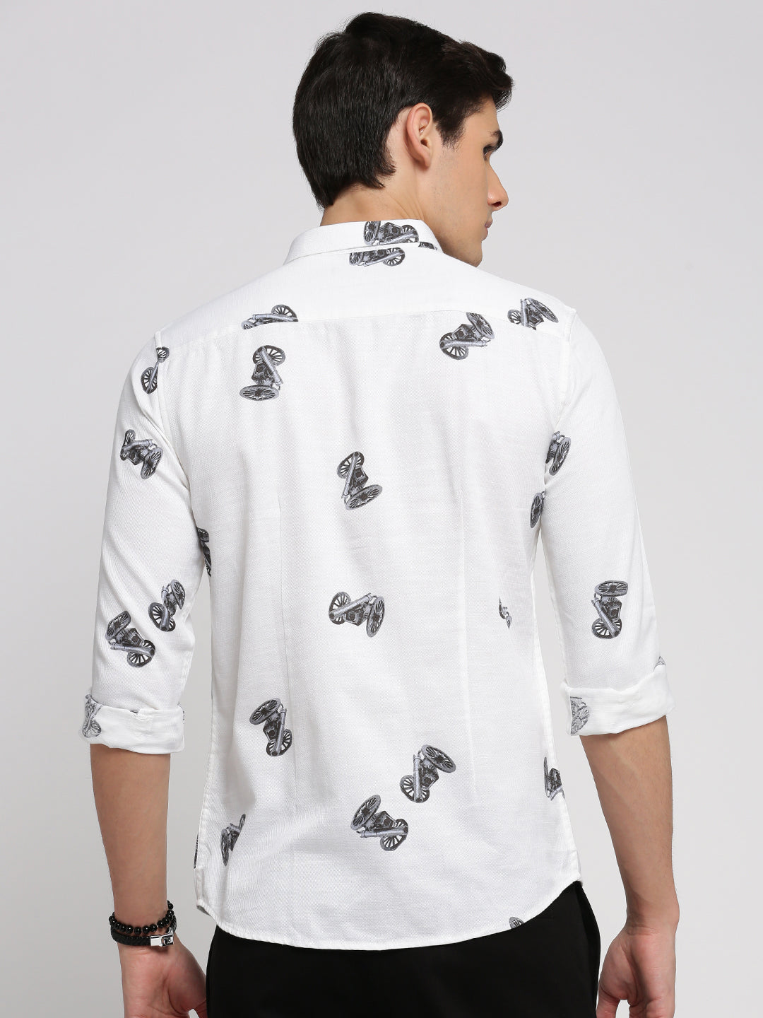 Men's White Slim Fit Conversational Printed Long Sleeves Cotton Shirt