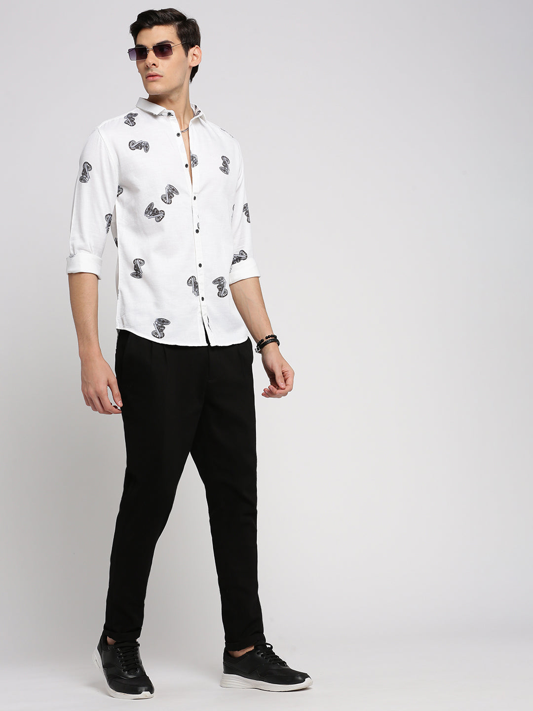 Men's White Slim Fit Conversational Printed Long Sleeves Cotton Shirt
