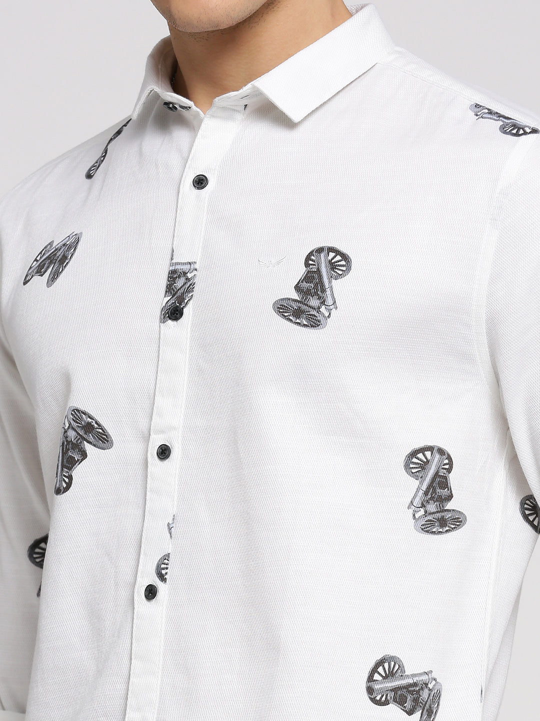 Men's White Slim Fit Conversational Printed Long Sleeves Cotton Shirt