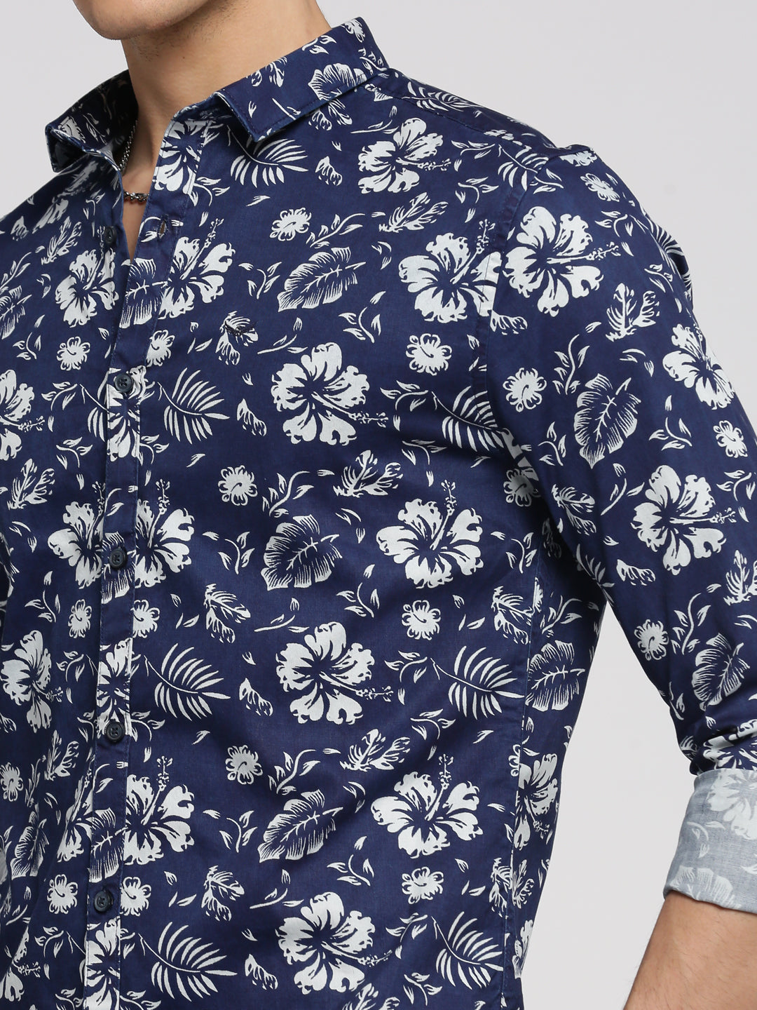 Men's Navy Blue Slim Fit Floral Printed Casual Shirt