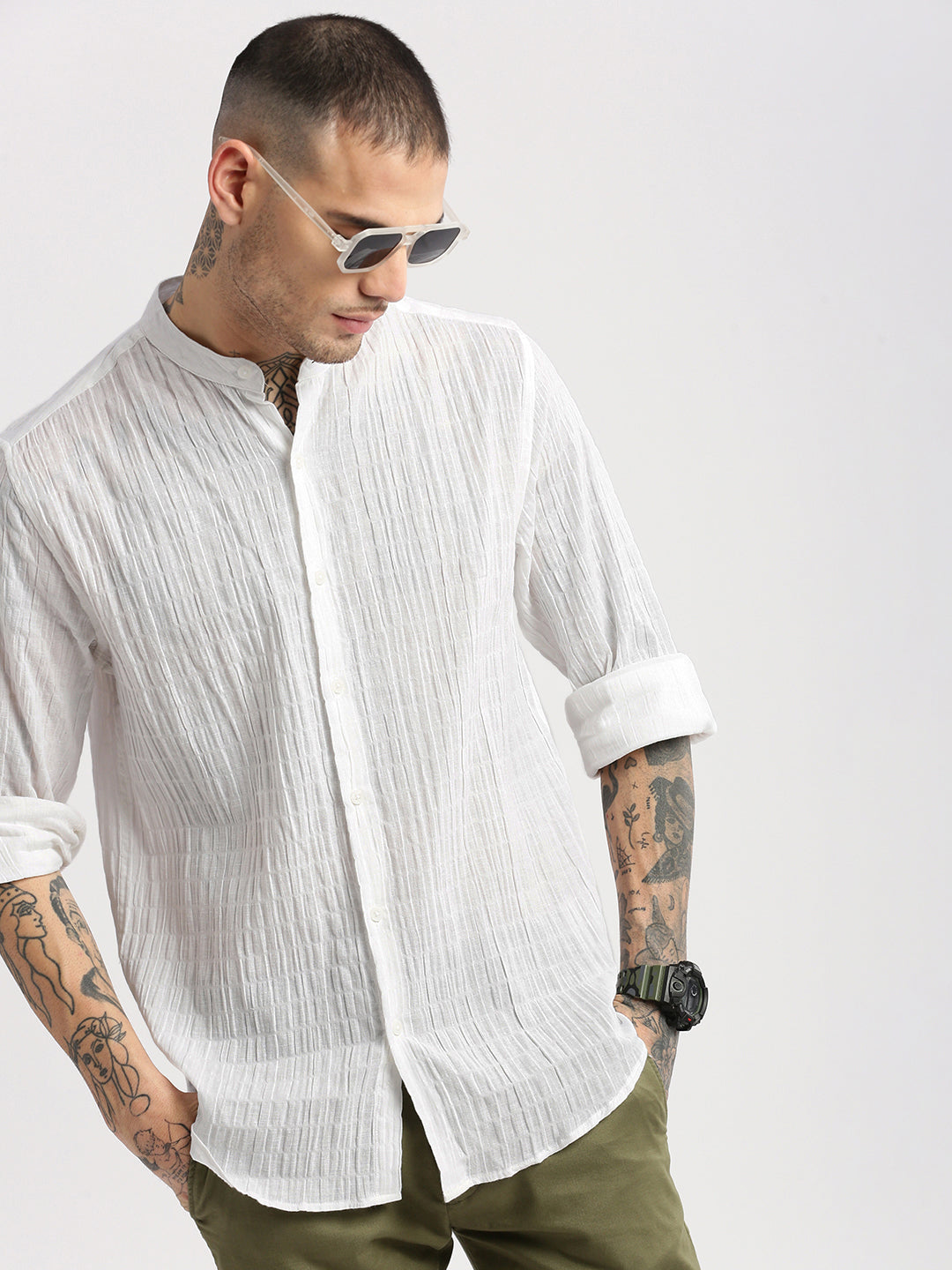 Men's Mandarin Collar White Solid Casual Shirt