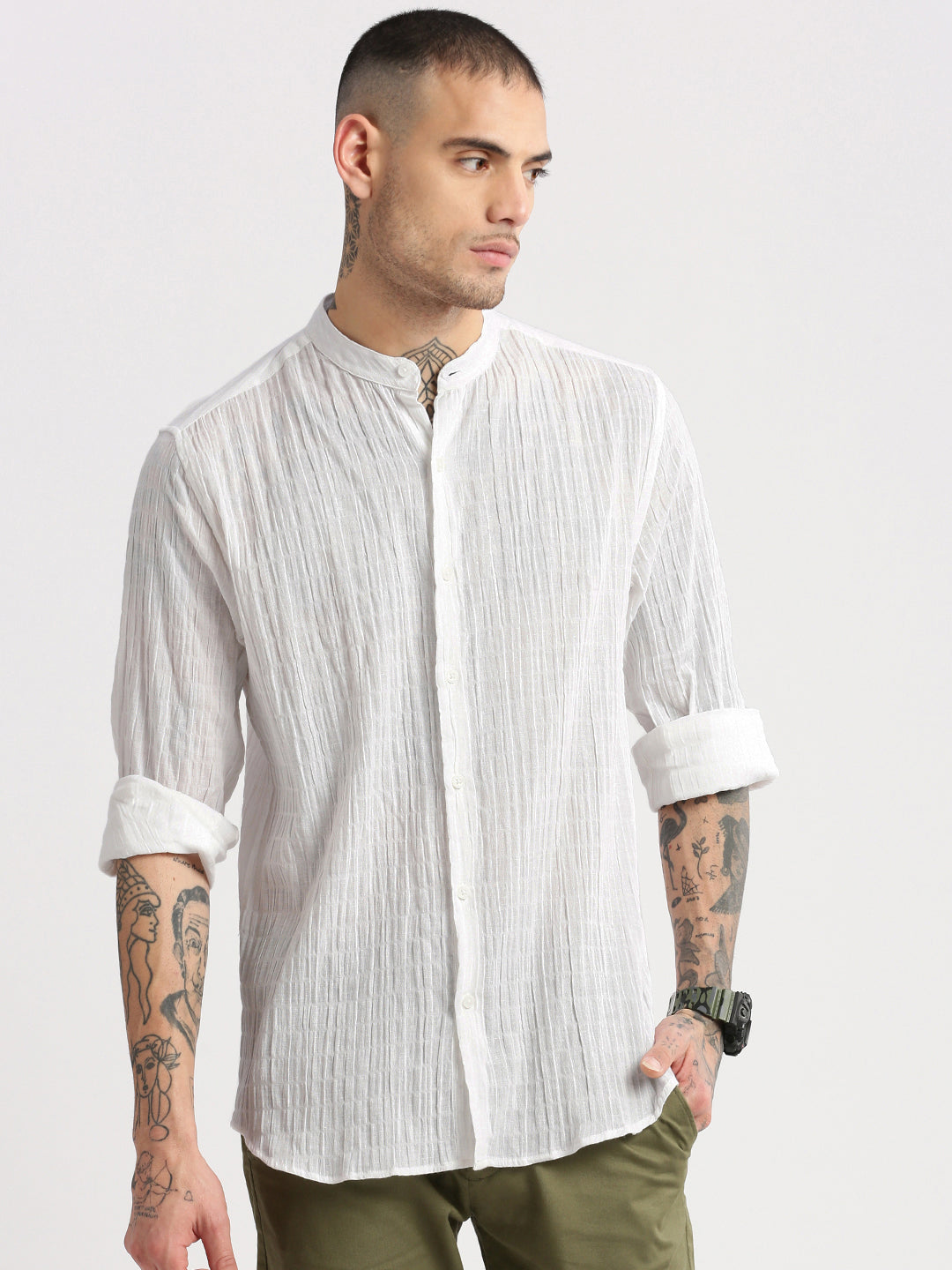 Men's Mandarin Collar White Solid Casual Shirt