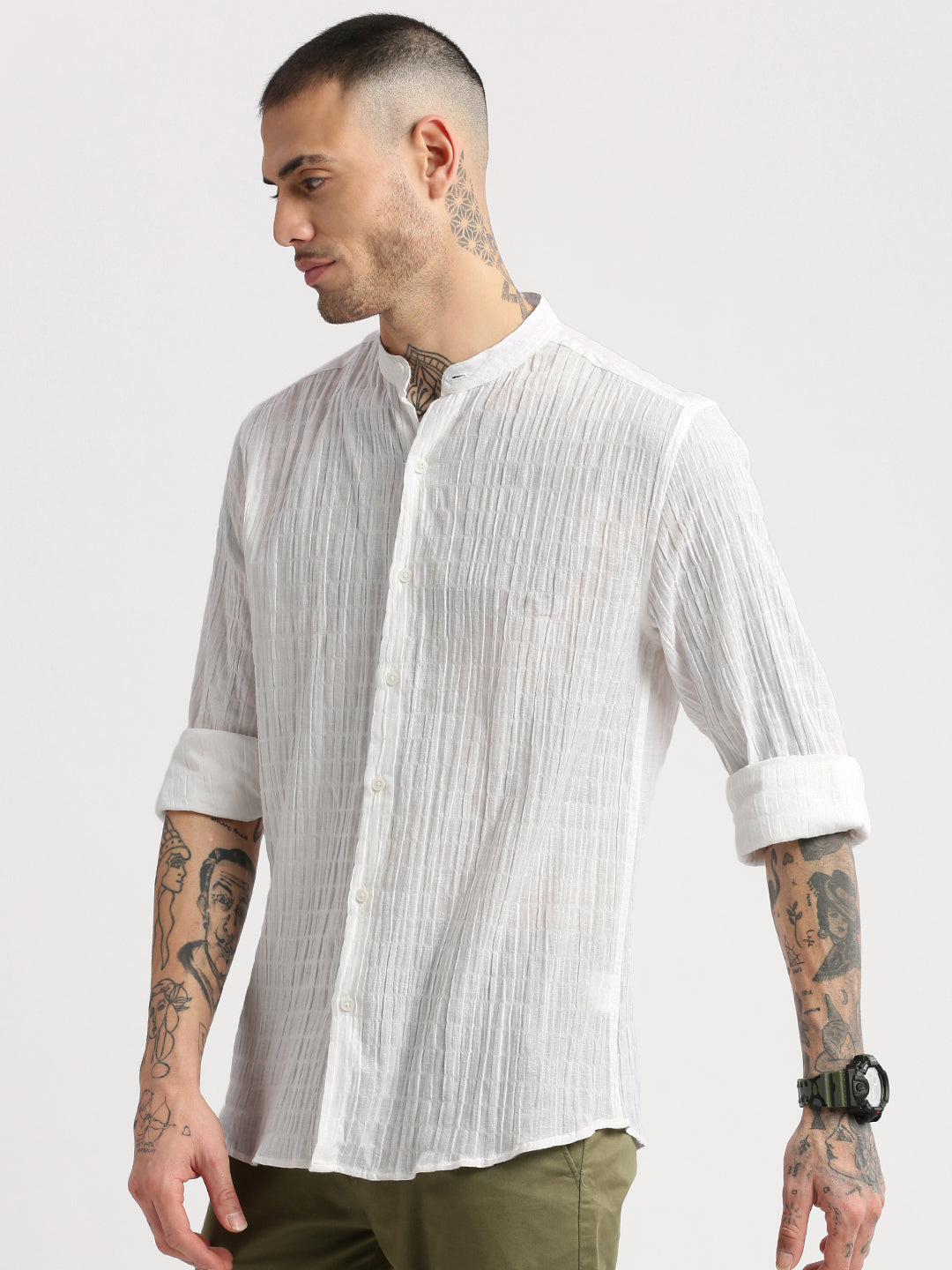 Men's Mandarin Collar White Solid Casual Shirt