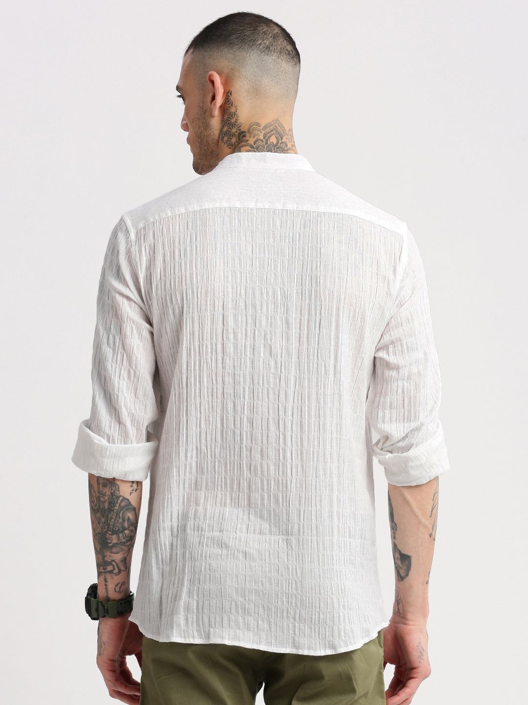 Men's Mandarin Collar White Solid Casual Shirt