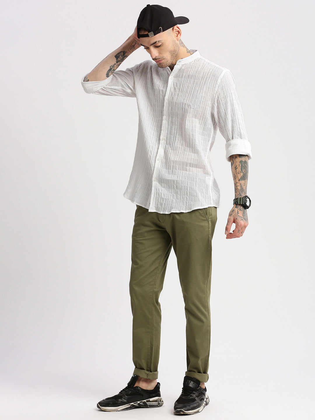 Men's Mandarin Collar White Solid Casual Shirt