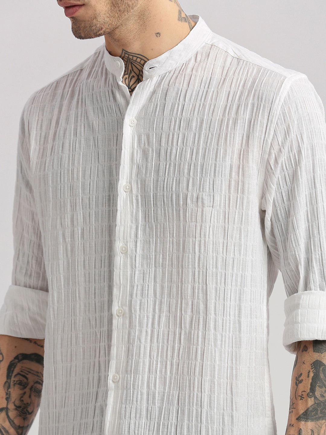 Men's Mandarin Collar White Solid Casual Shirt