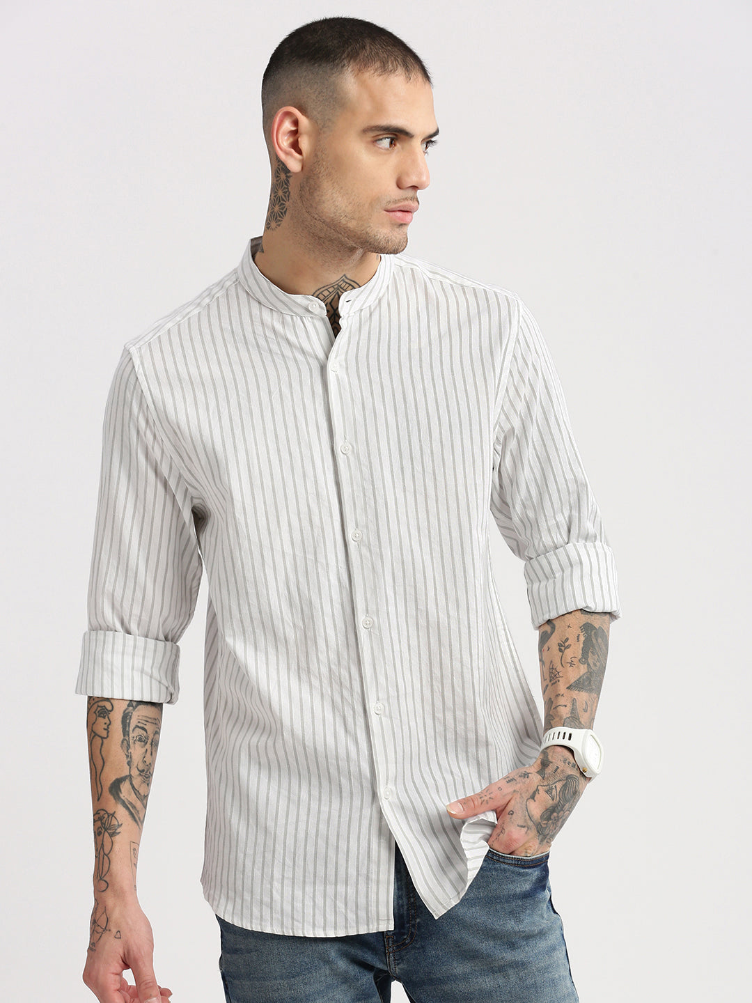 Men's Mandarin Collar Vertical Stripes White Cotton Shirt