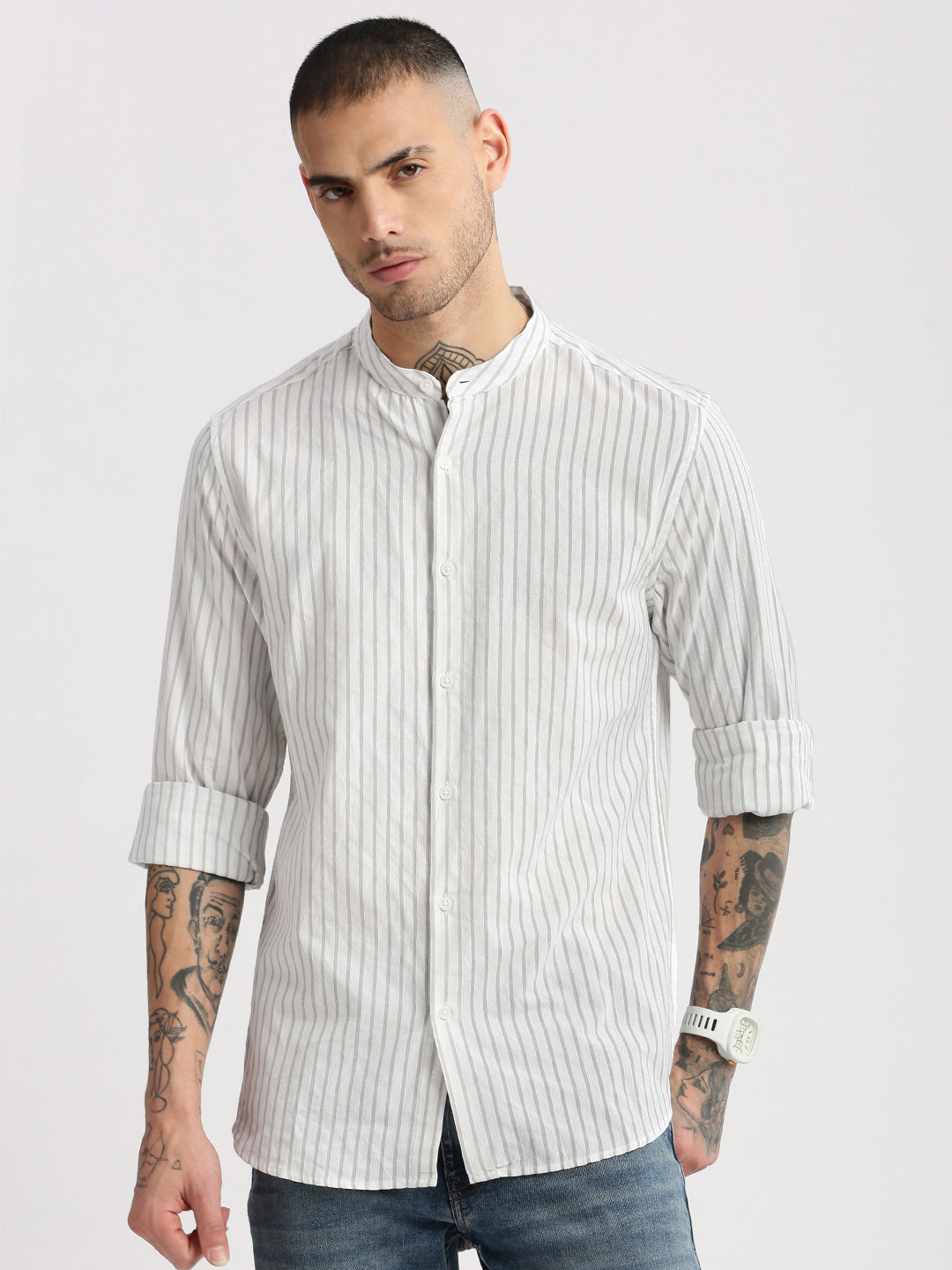 Men's Mandarin Collar Vertical Stripes White Cotton Shirt