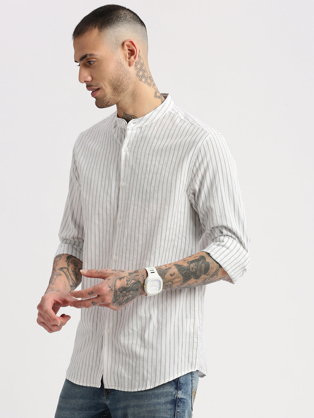 Men's Mandarin Collar Vertical Stripes White Cotton Shirt