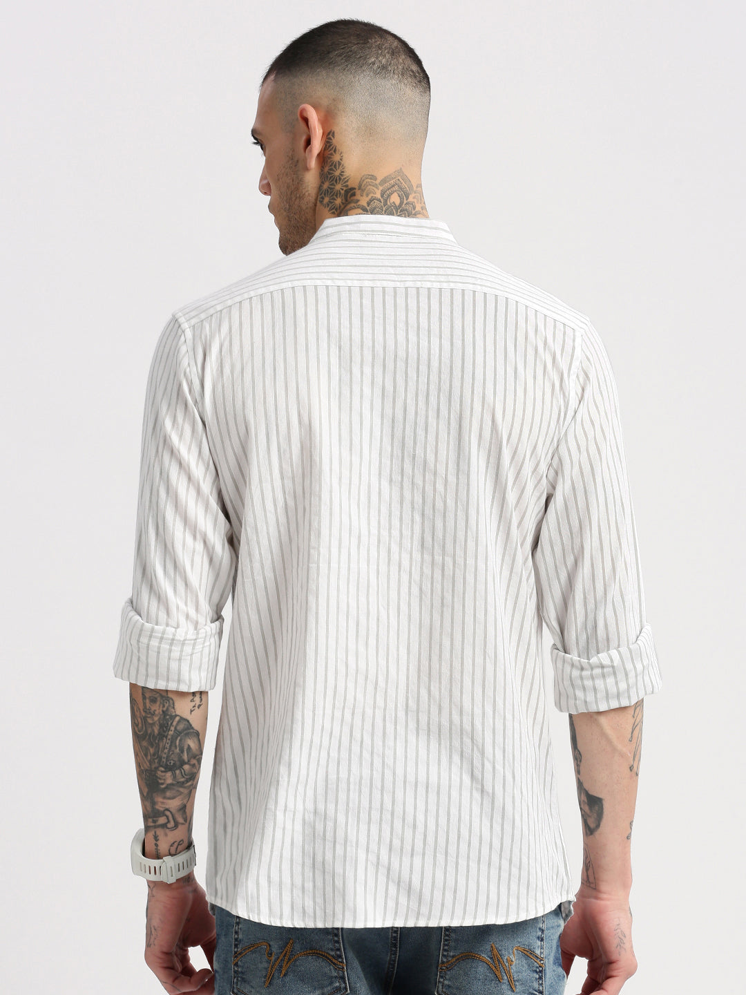 Men's Mandarin Collar Vertical Stripes White Cotton Shirt