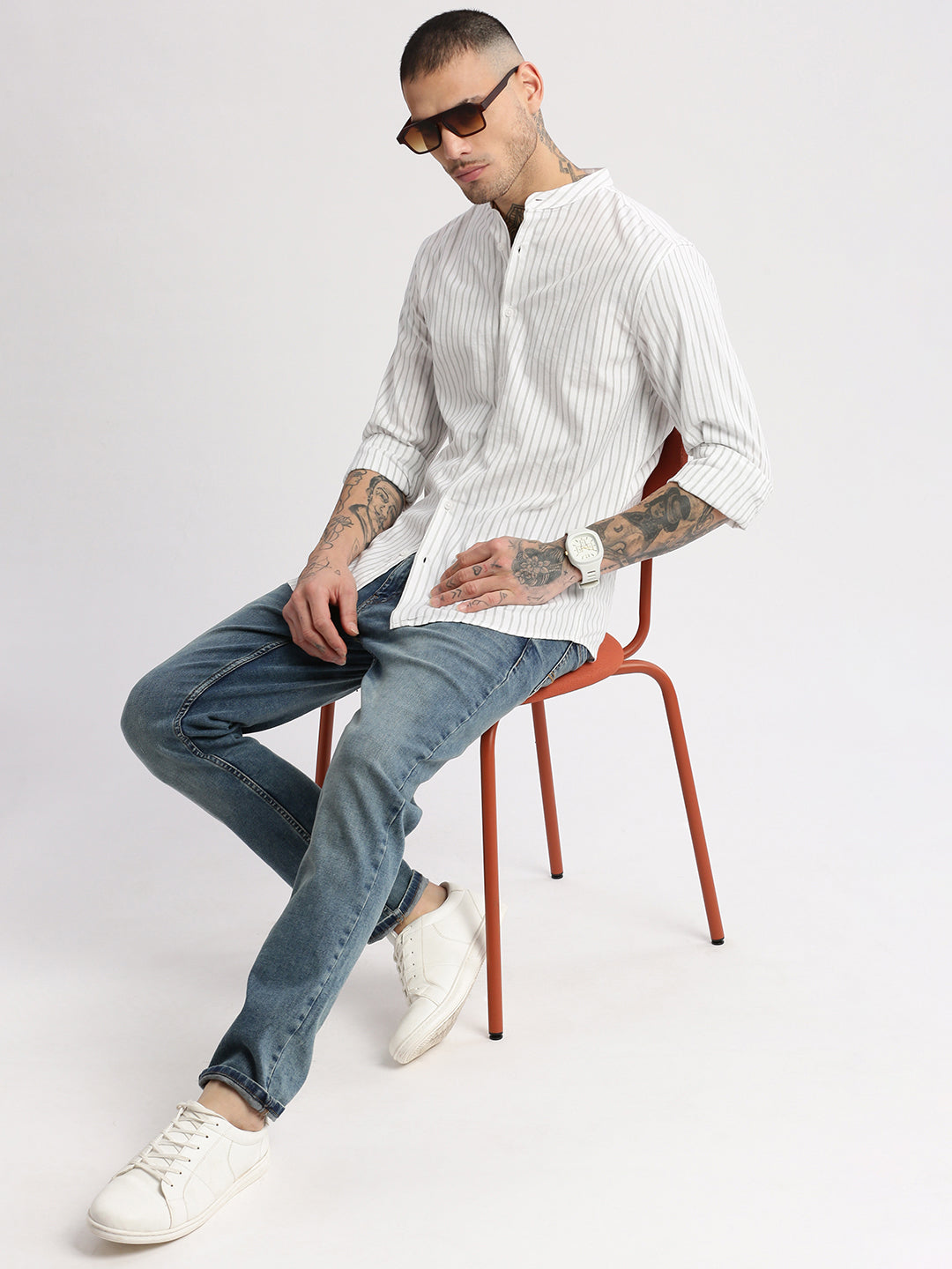 Men's Mandarin Collar Vertical Stripes White Cotton Shirt