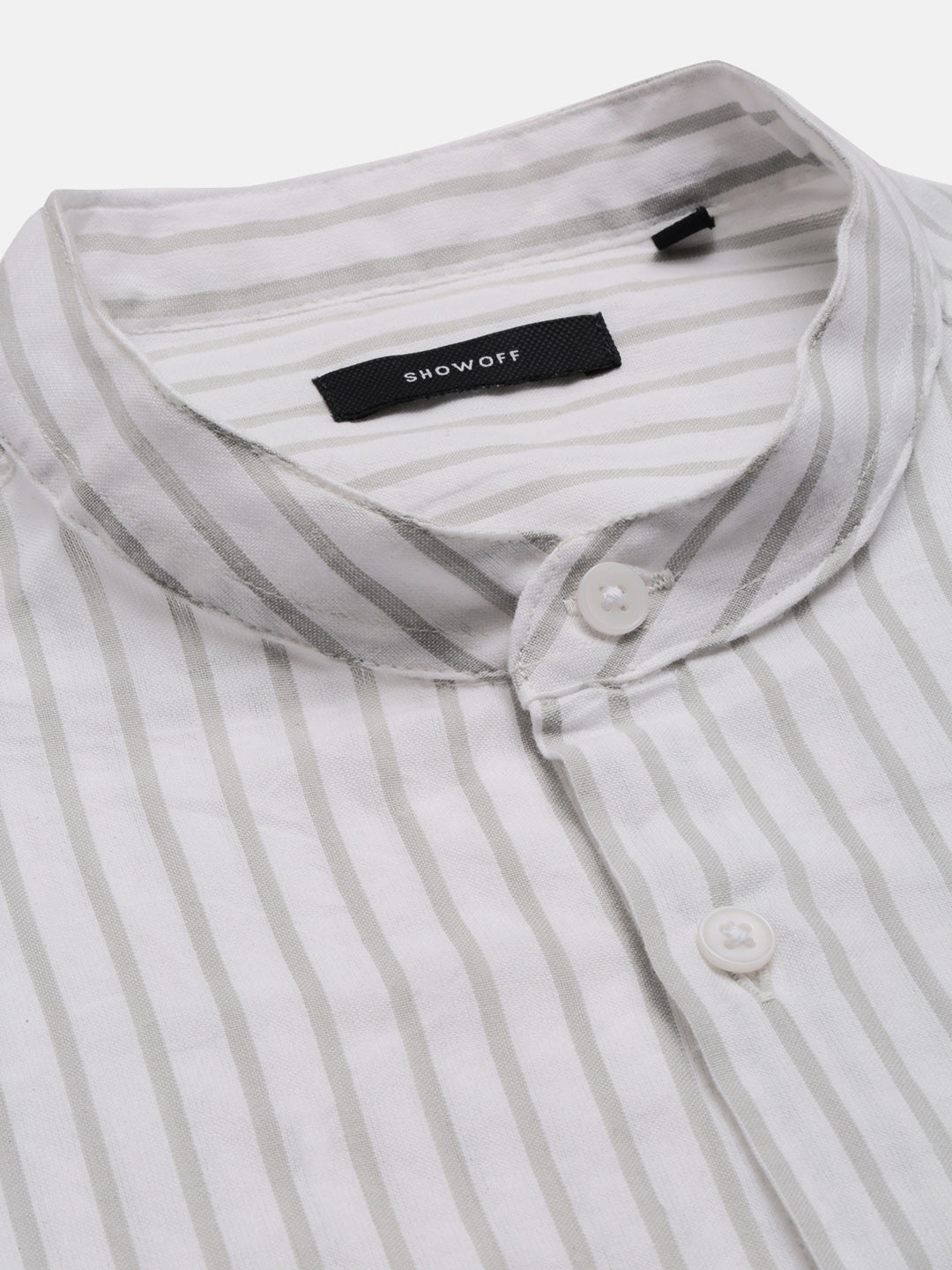 Men's Mandarin Collar Vertical Stripes White Cotton Shirt