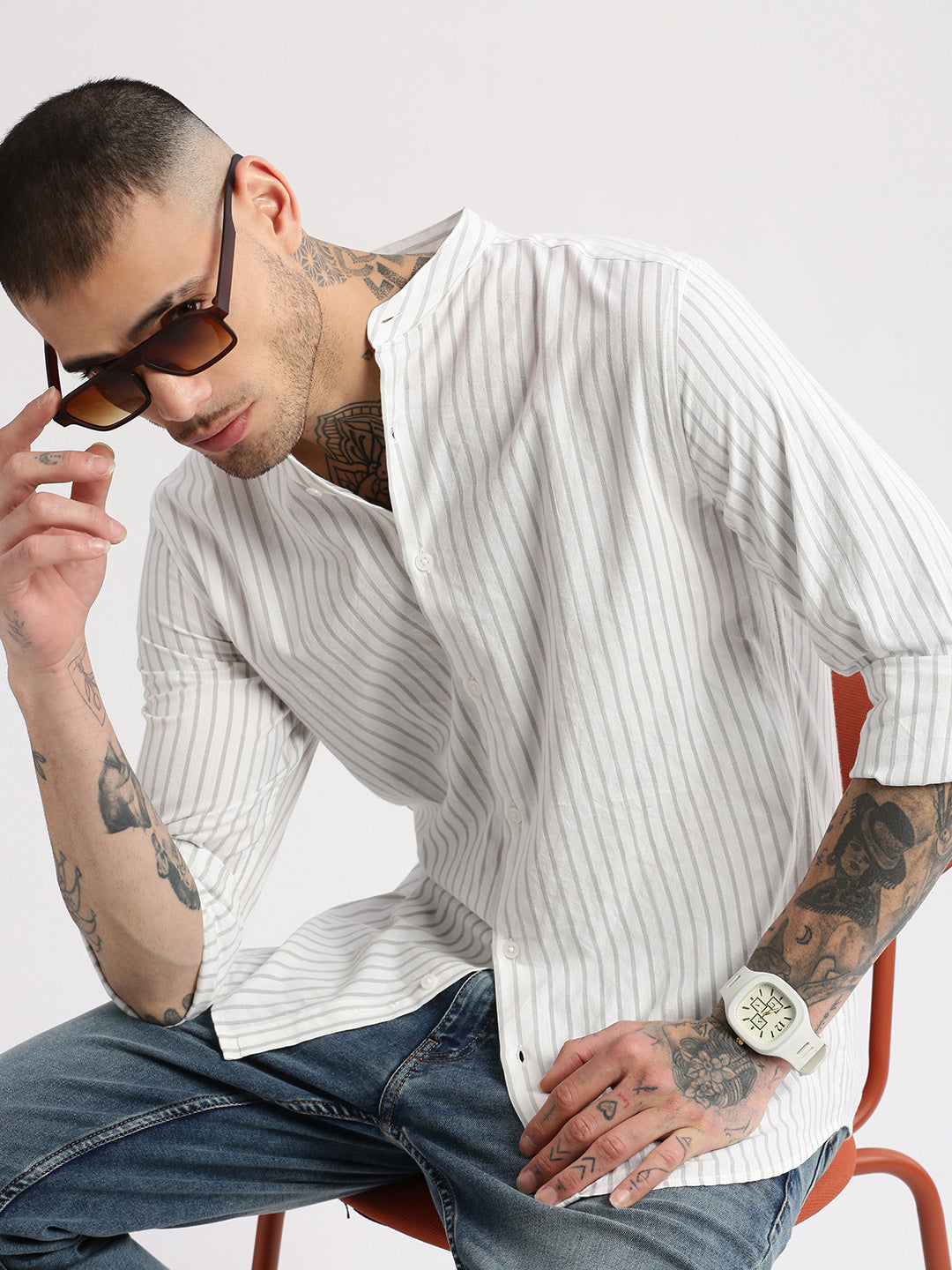 Men's Mandarin Collar Vertical Stripes White Cotton Shirt