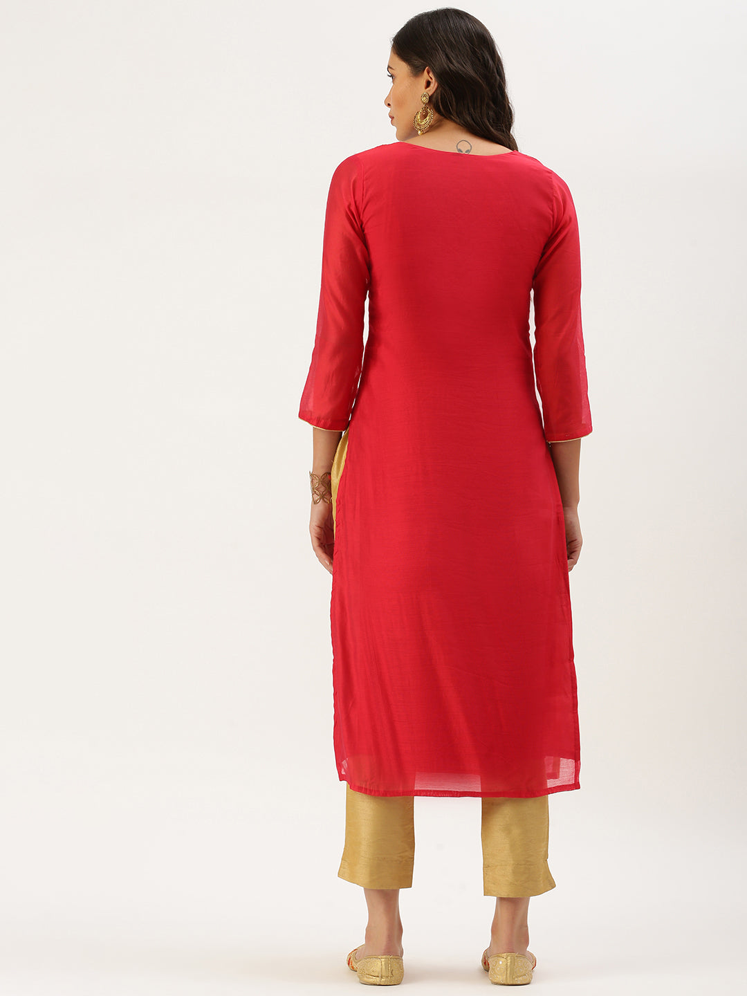 Women's Red Embellished Straight Kurta