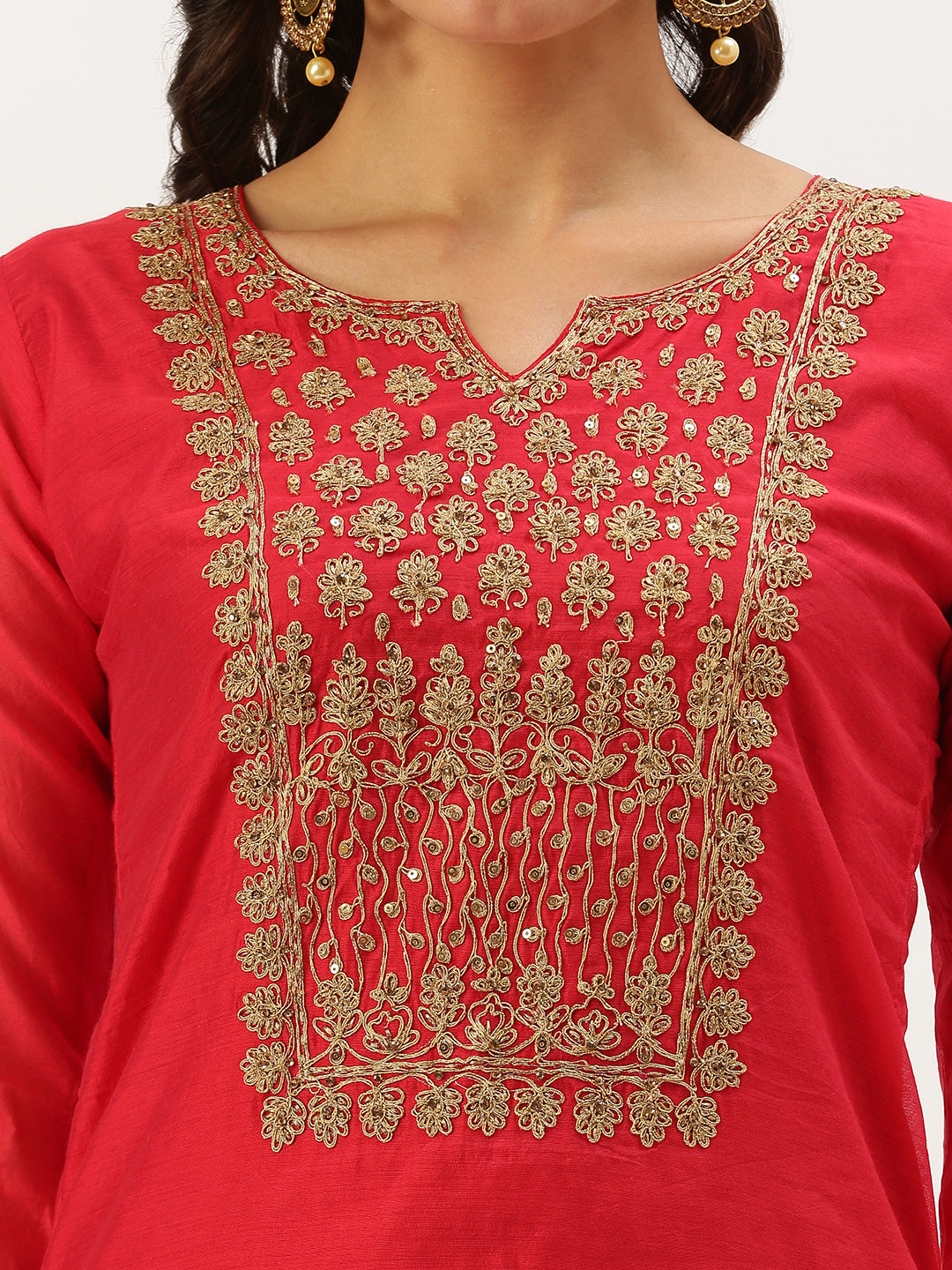 Women's Red Embellished Straight Kurta