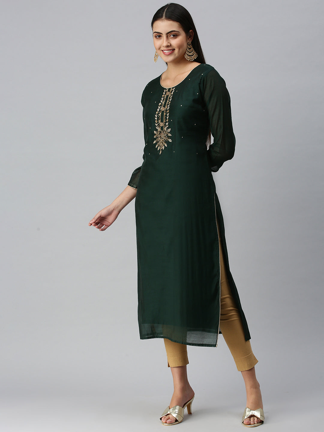 Women's Green Floral Khatwa Straight Kurta