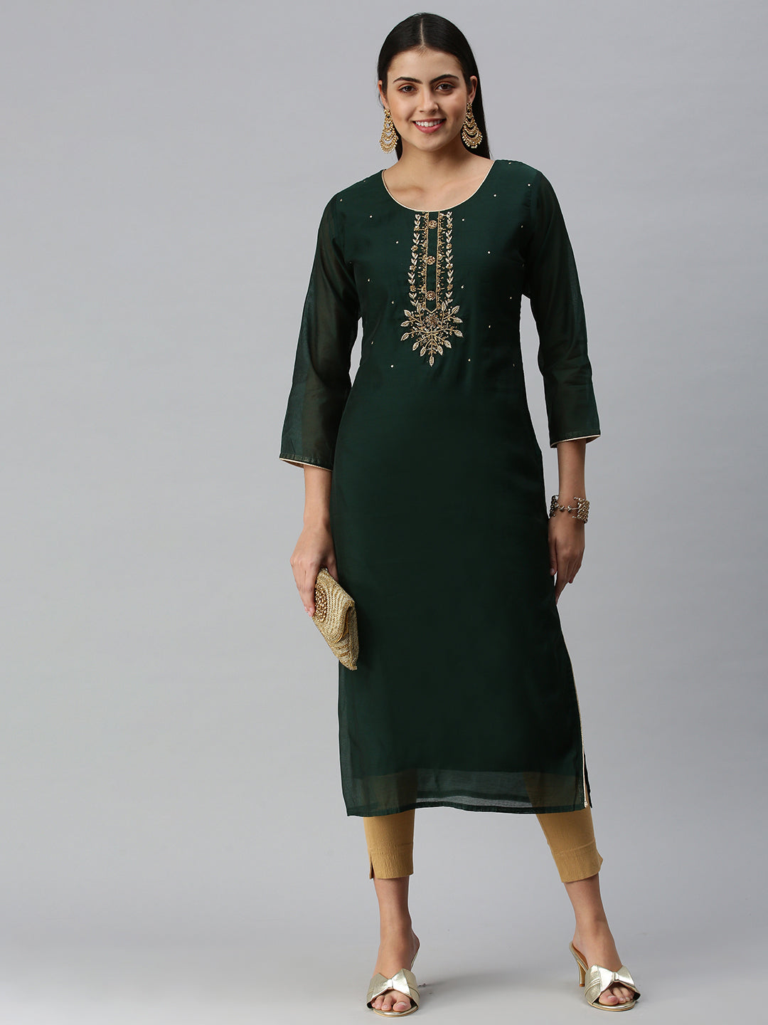 Women's Green Floral Khatwa Straight Kurta