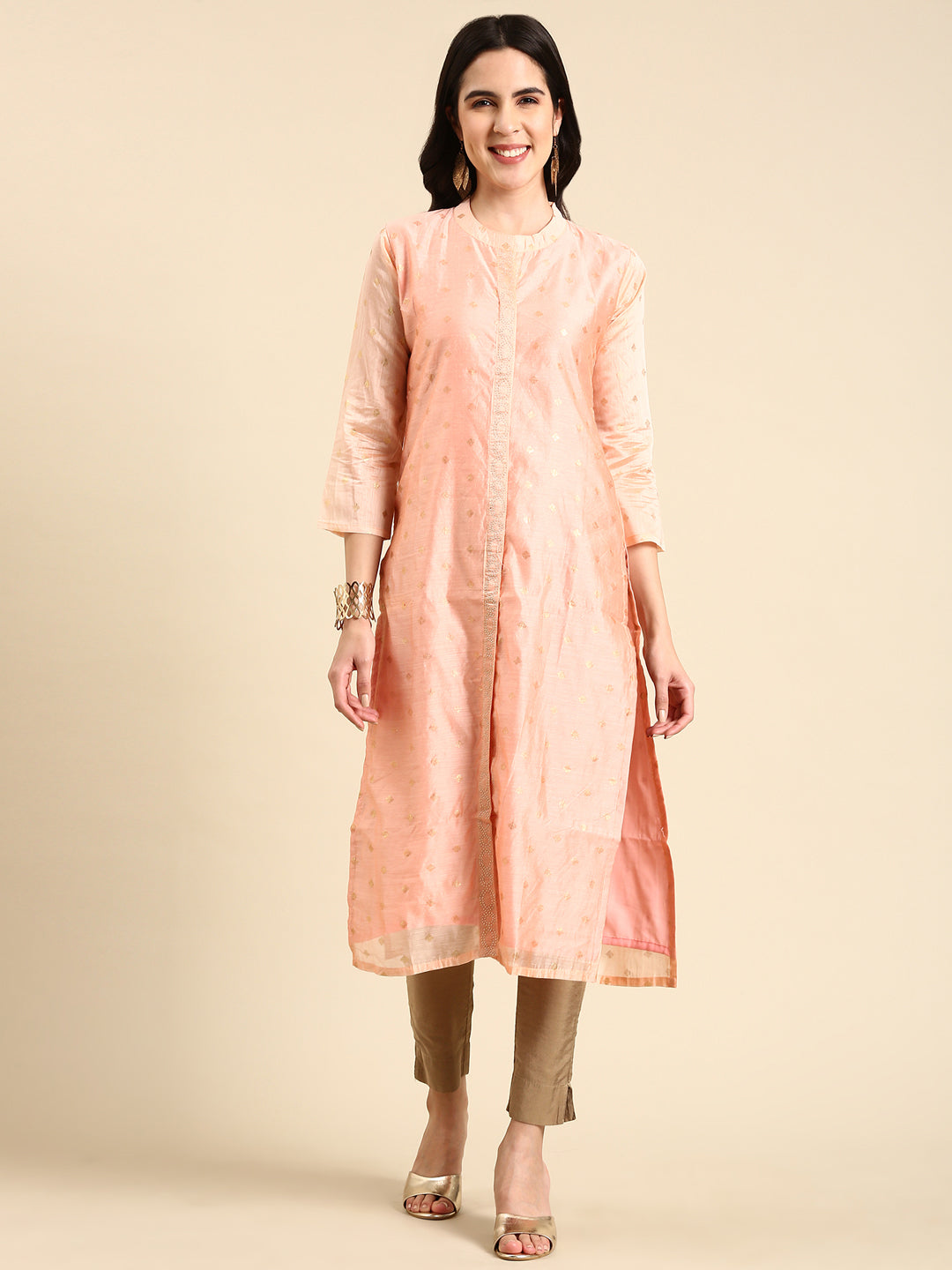 Women's Peach Printed Straight Kurta