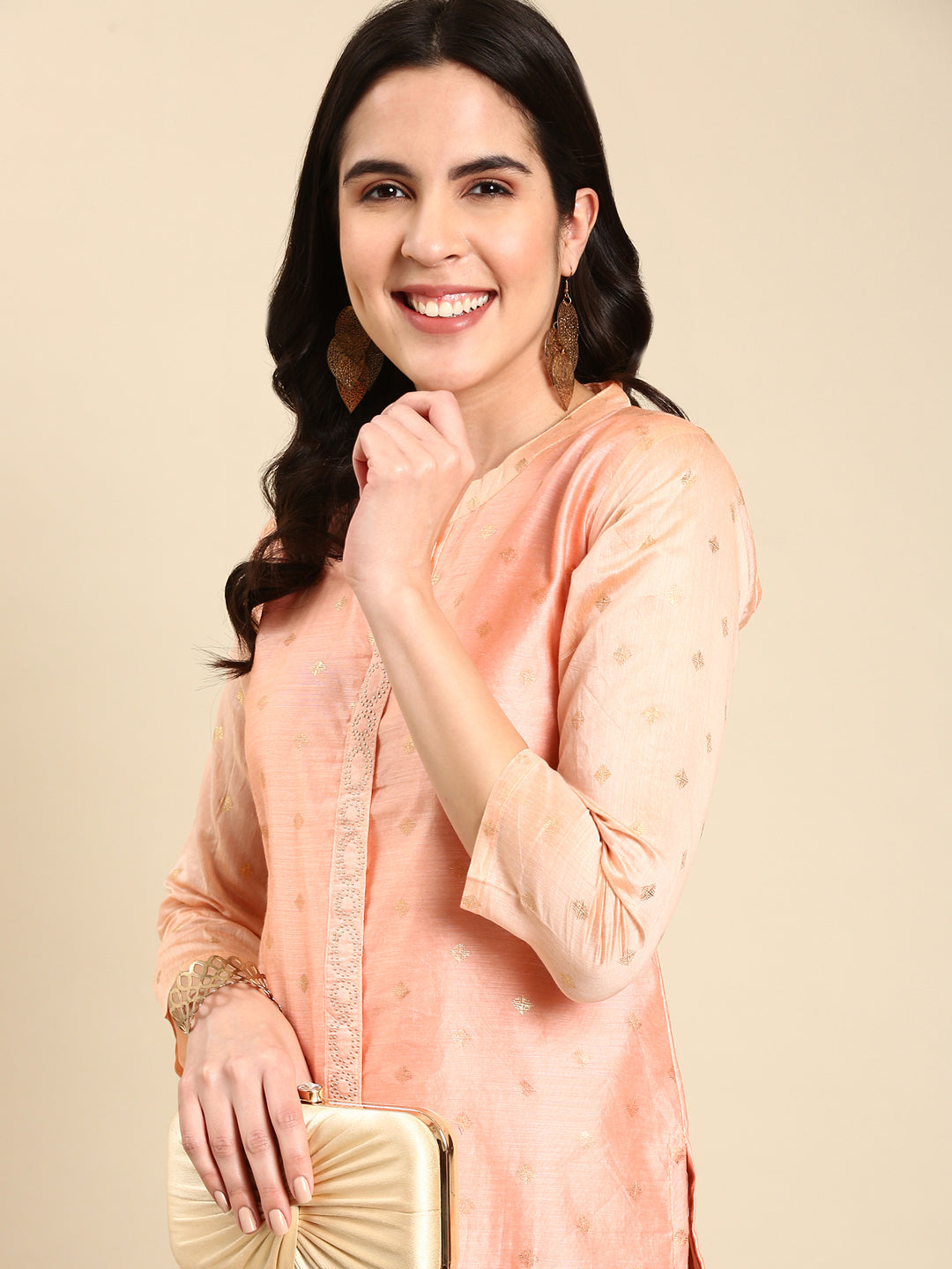 Women's Peach Printed Straight Kurta