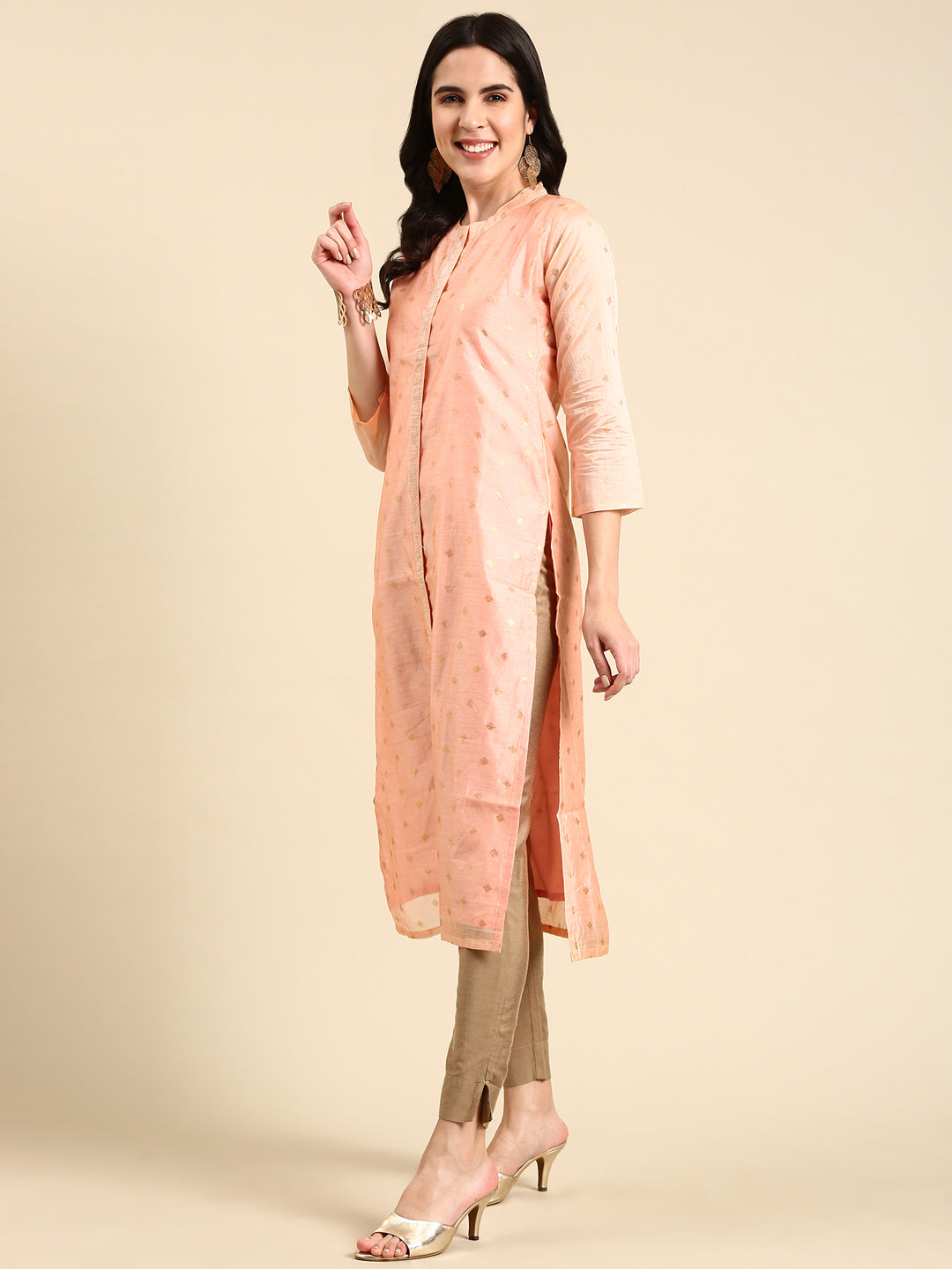 Women's Peach Printed Straight Kurta