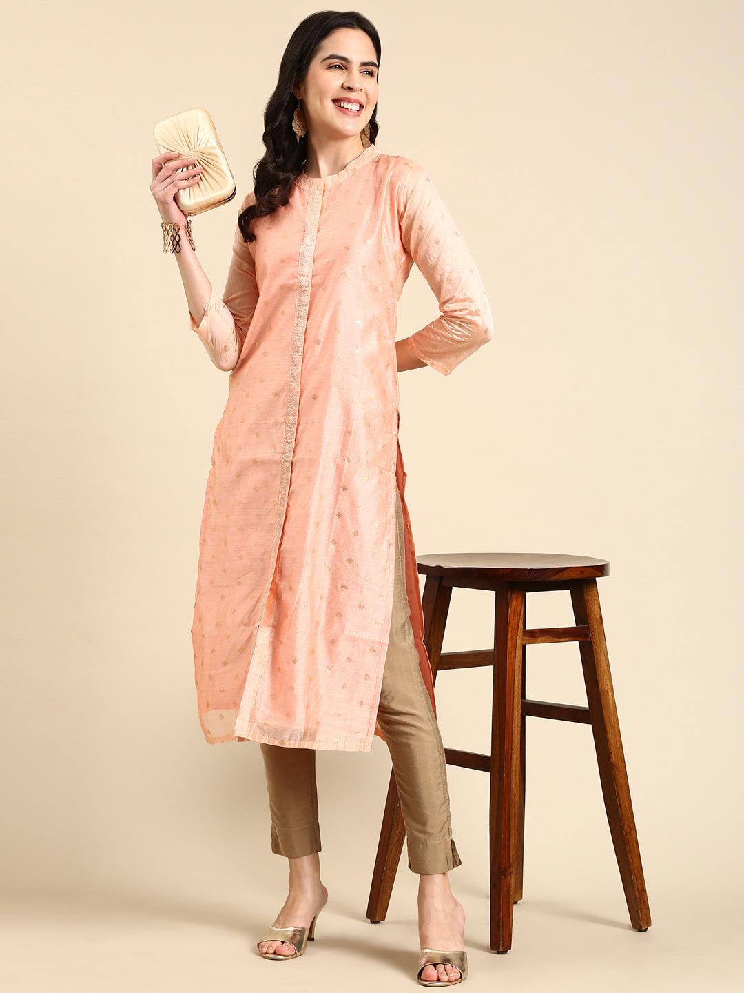 Women's Peach Printed Straight Kurta