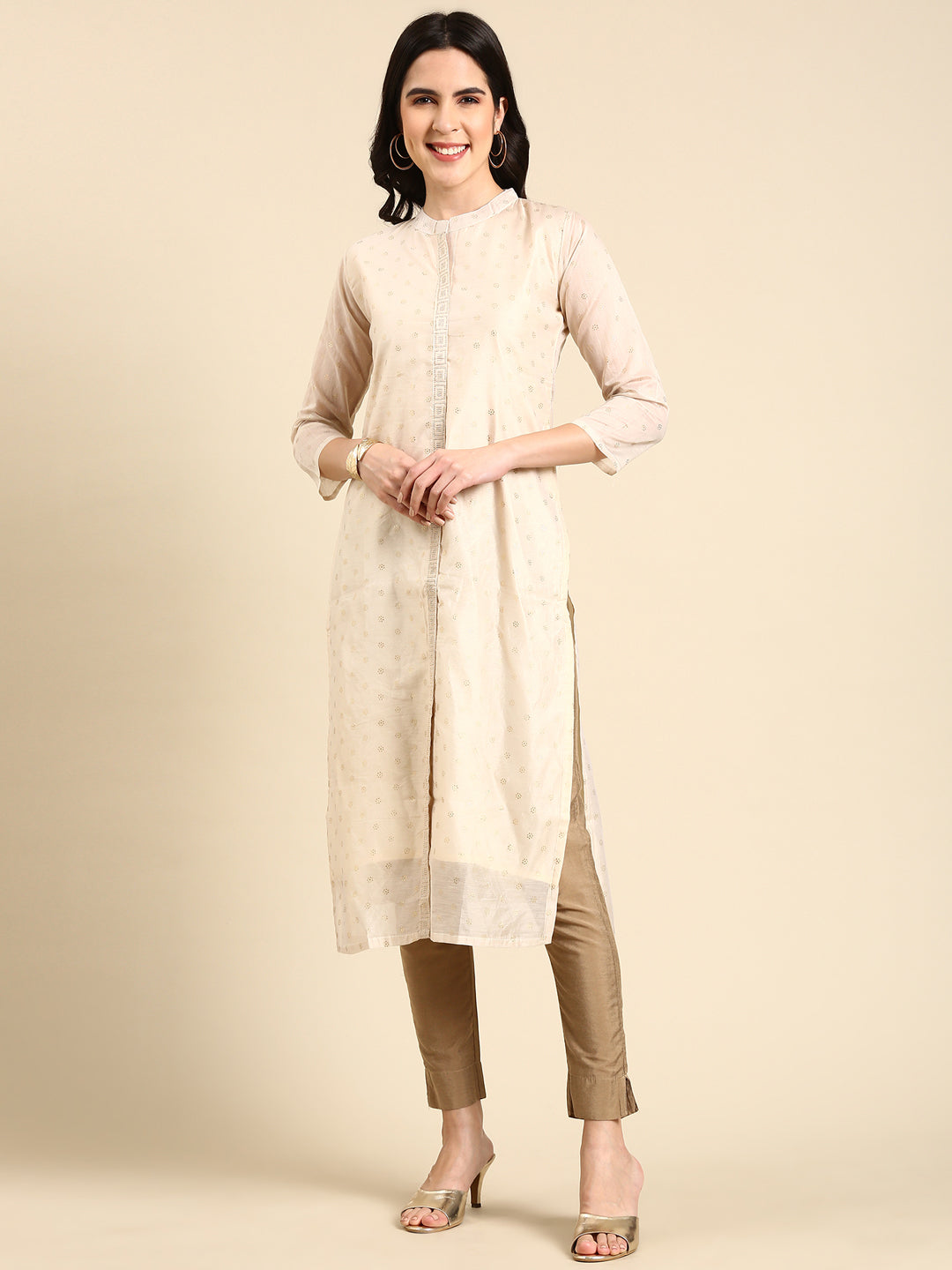 Women's Cream Printed Straight Kurta