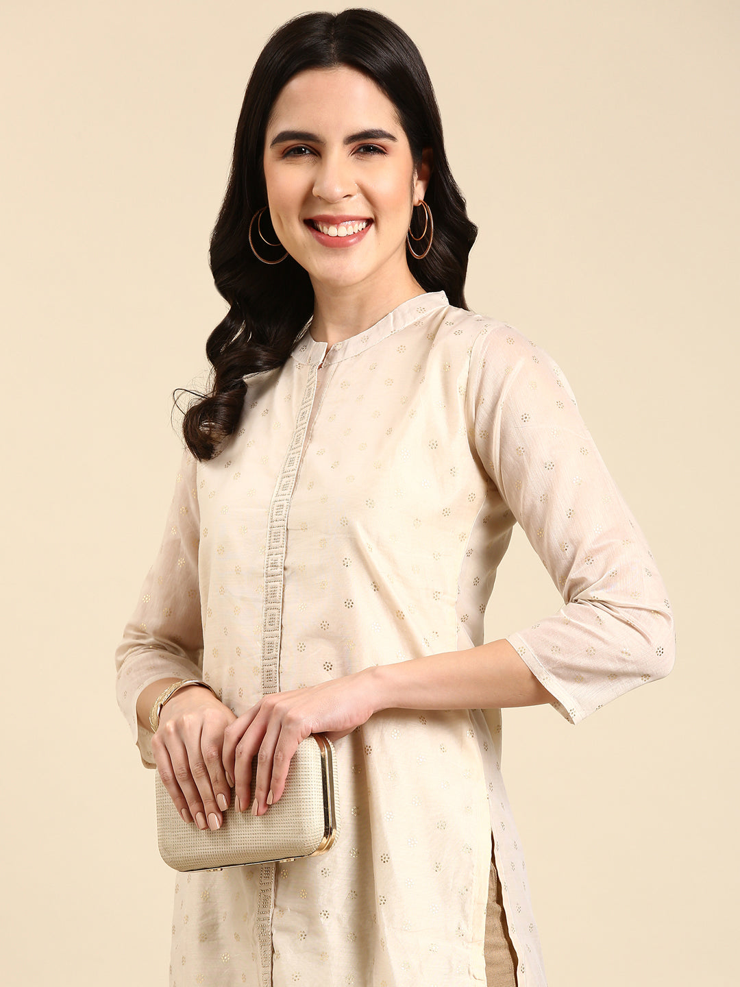 Women's Cream Printed Straight Kurta