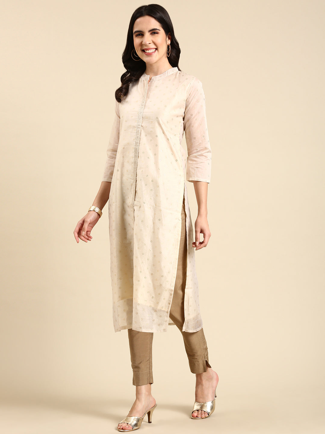 Women's Cream Printed Straight Kurta