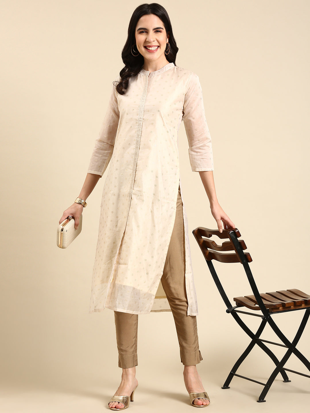 Women's Cream Printed Straight Kurta