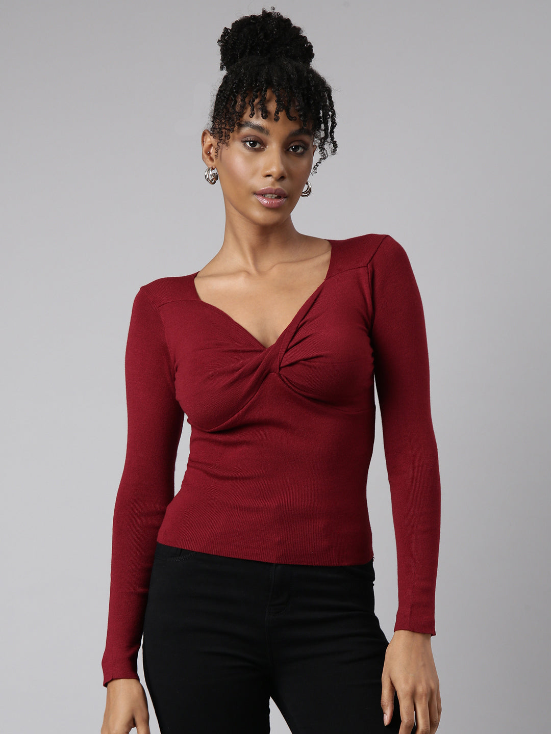 Women Maroon Solid Fitted Top