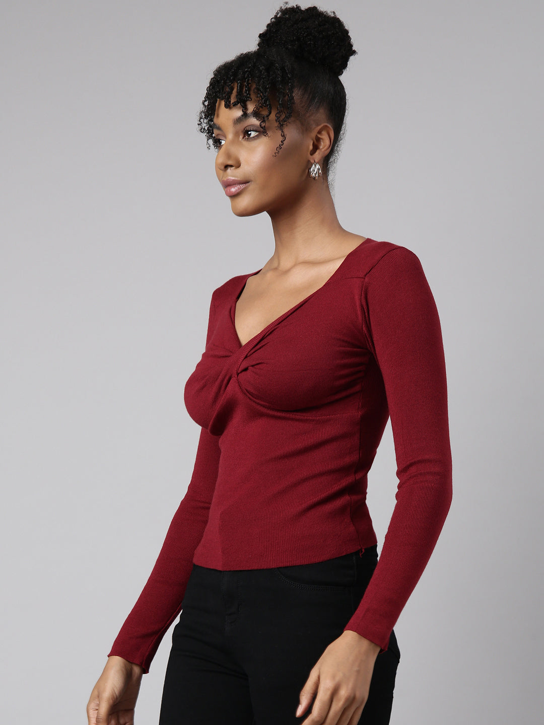 Women Maroon Solid Fitted Top