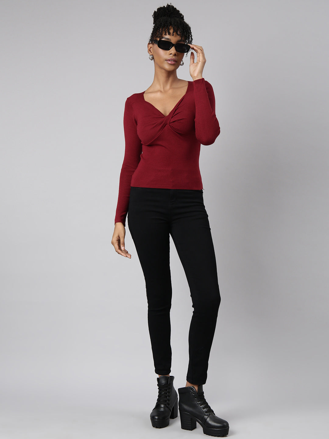 Women Maroon Solid Fitted Top