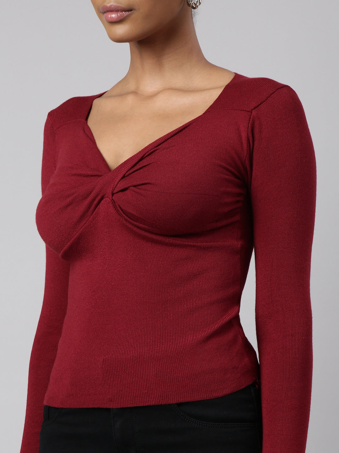 Women Maroon Solid Fitted Top