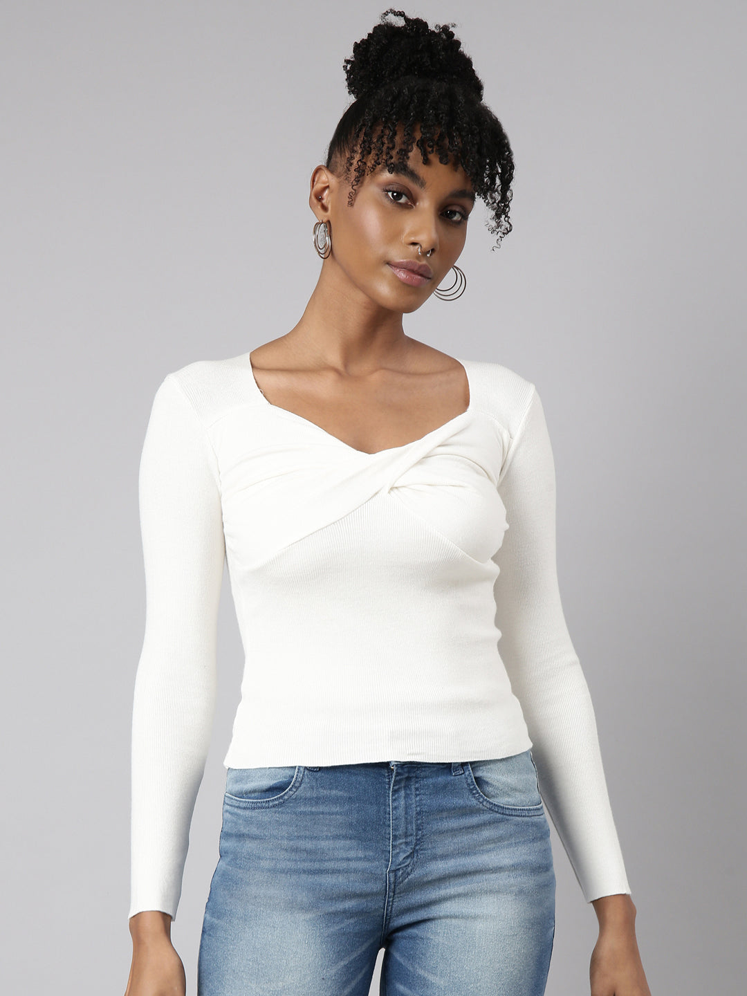 Women Off White Solid Fitted Top