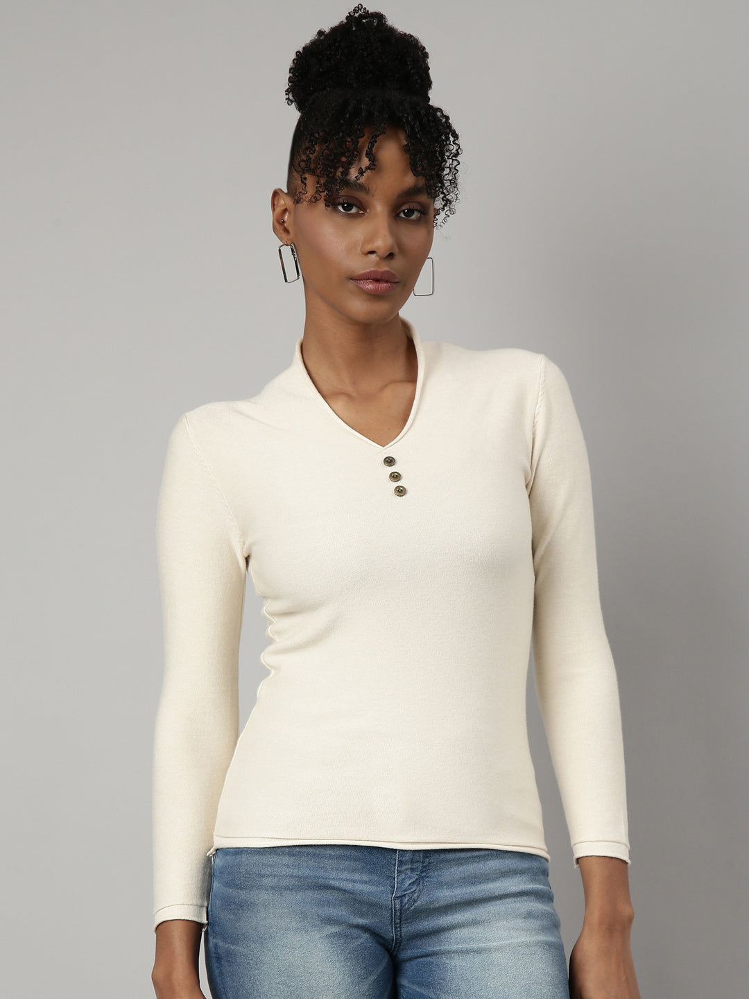 Women Cream Solid Fitted Top