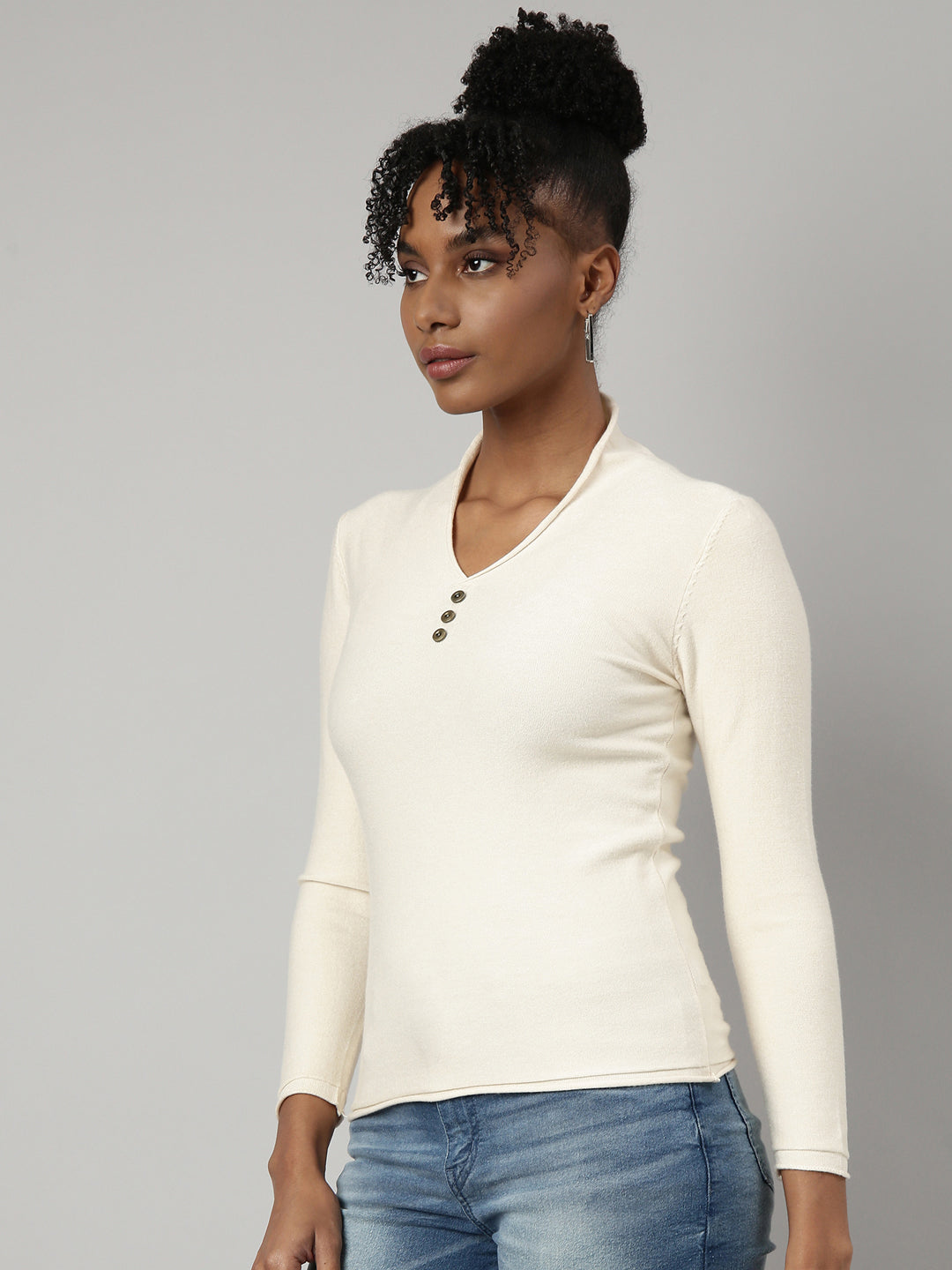 Women Cream Solid Fitted Top