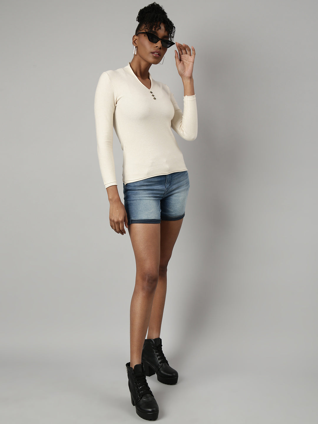 Women Cream Solid Fitted Top