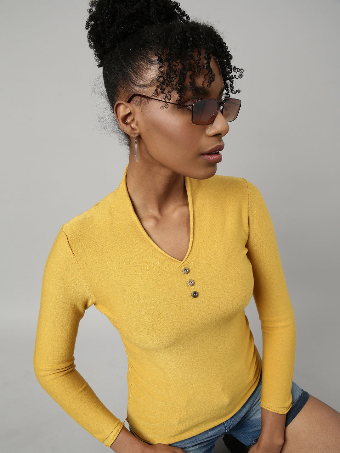 Women Yellow Solid Fitted Top