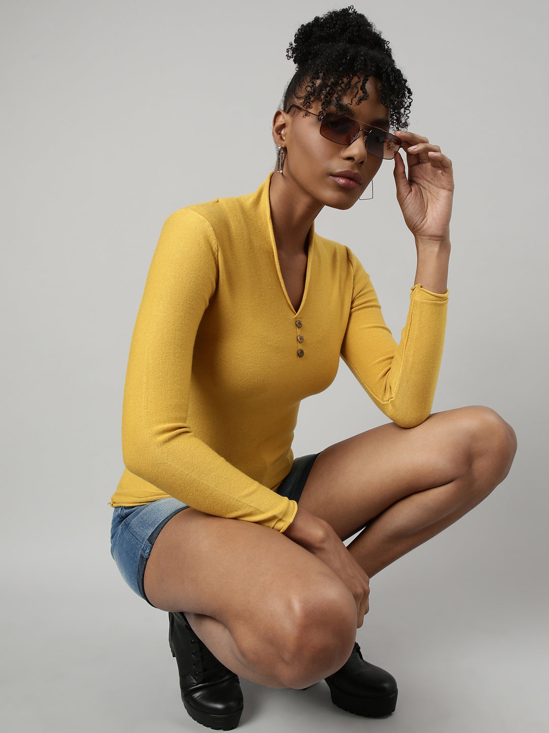 Women Yellow Solid Fitted Top