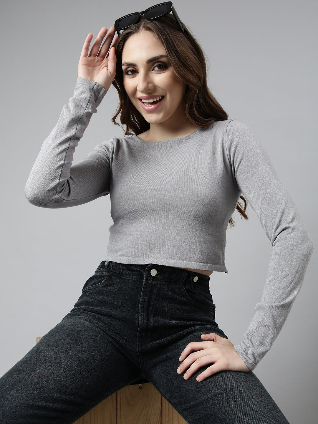 Women Grey Solid Crop Top