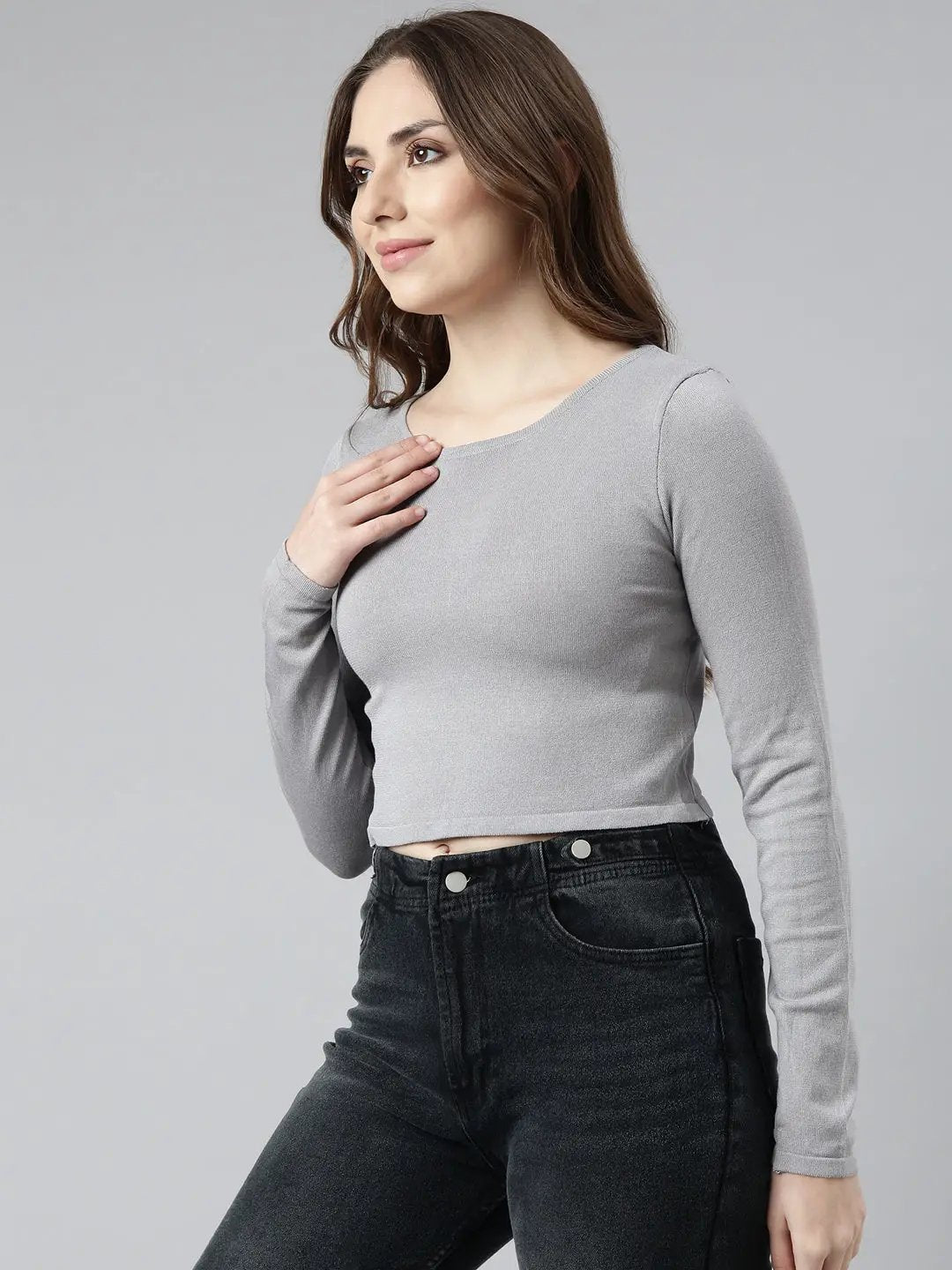 Shop Women's Solid Grey Round Neck Crop Top | Showoffff