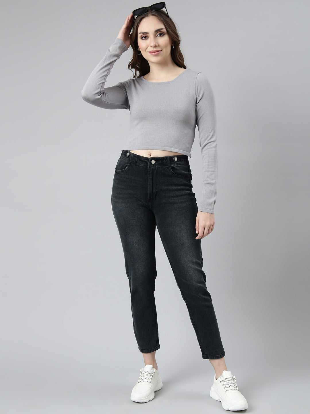 Women Grey Solid Crop Top