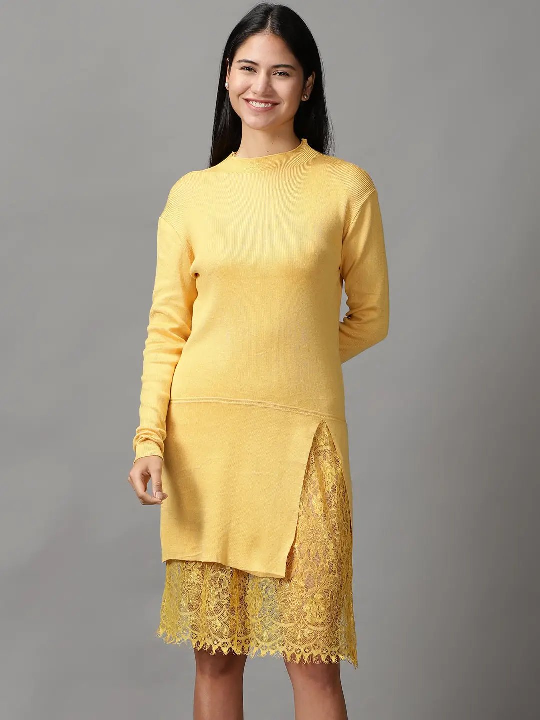 Women's Yellow Solid Bodycon Dress