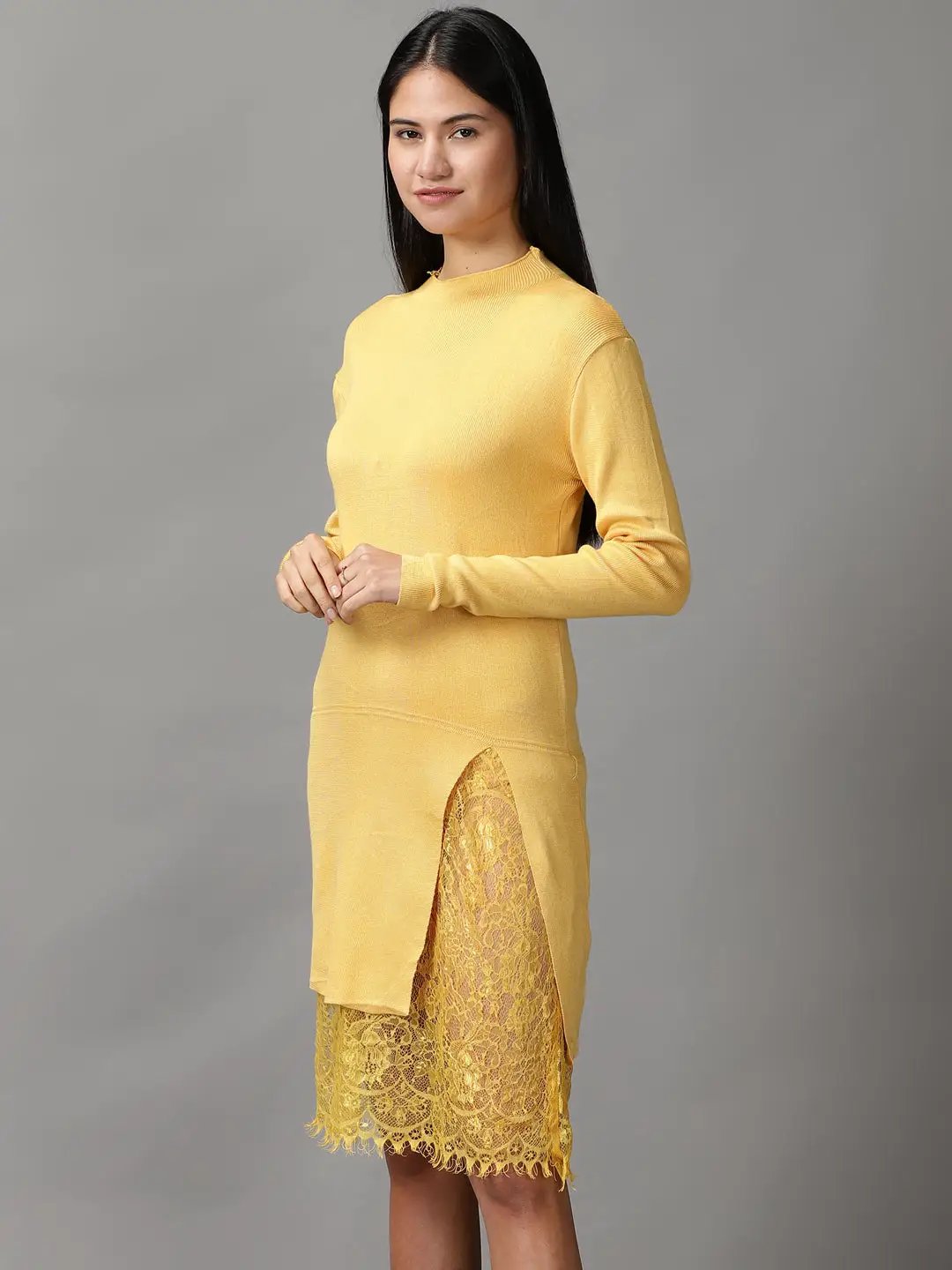 Women's Yellow Solid Bodycon Dress