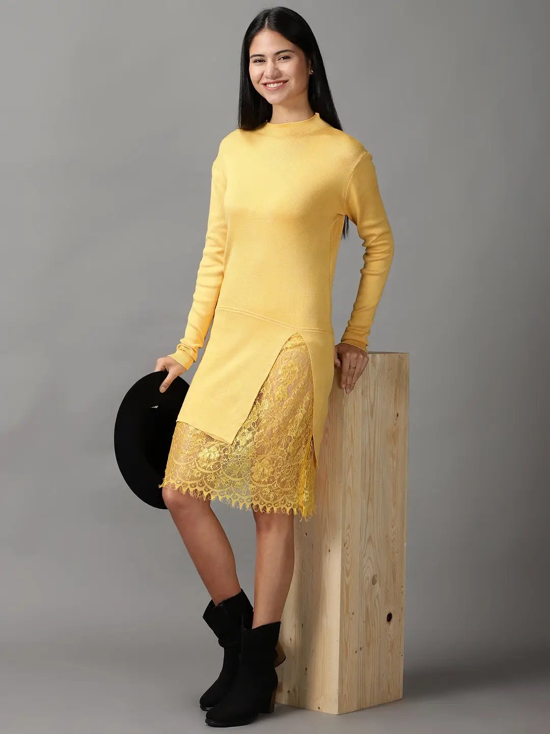Women's Yellow Solid Bodycon Dress