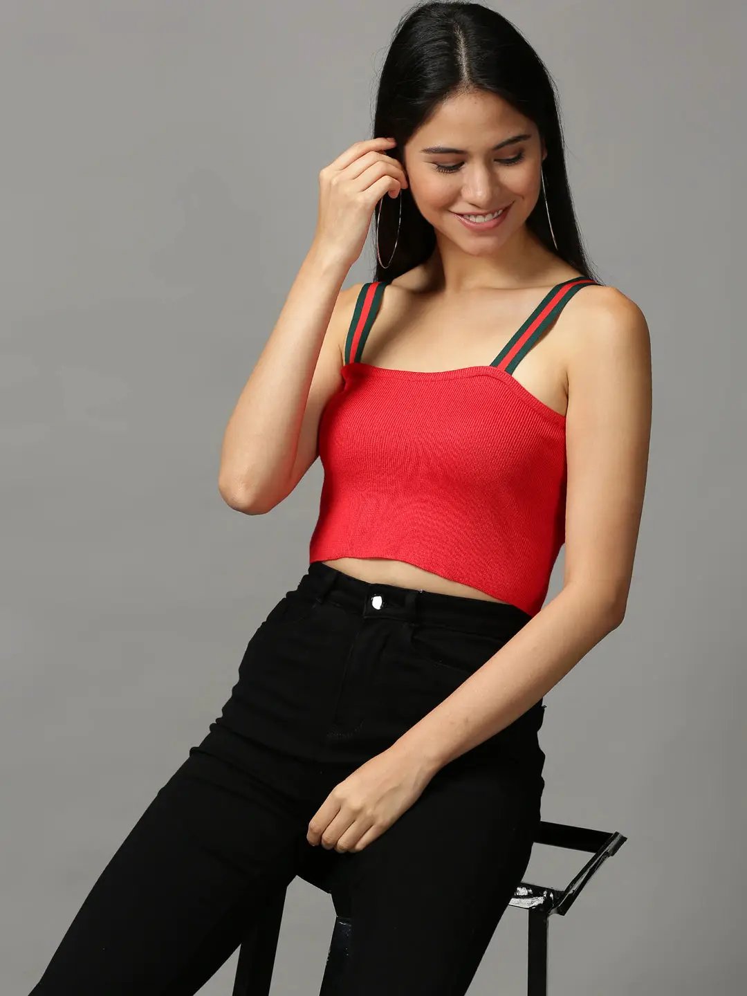 Shop Women's Red Solid Crop Shoulder Straps Top | Showoffff
