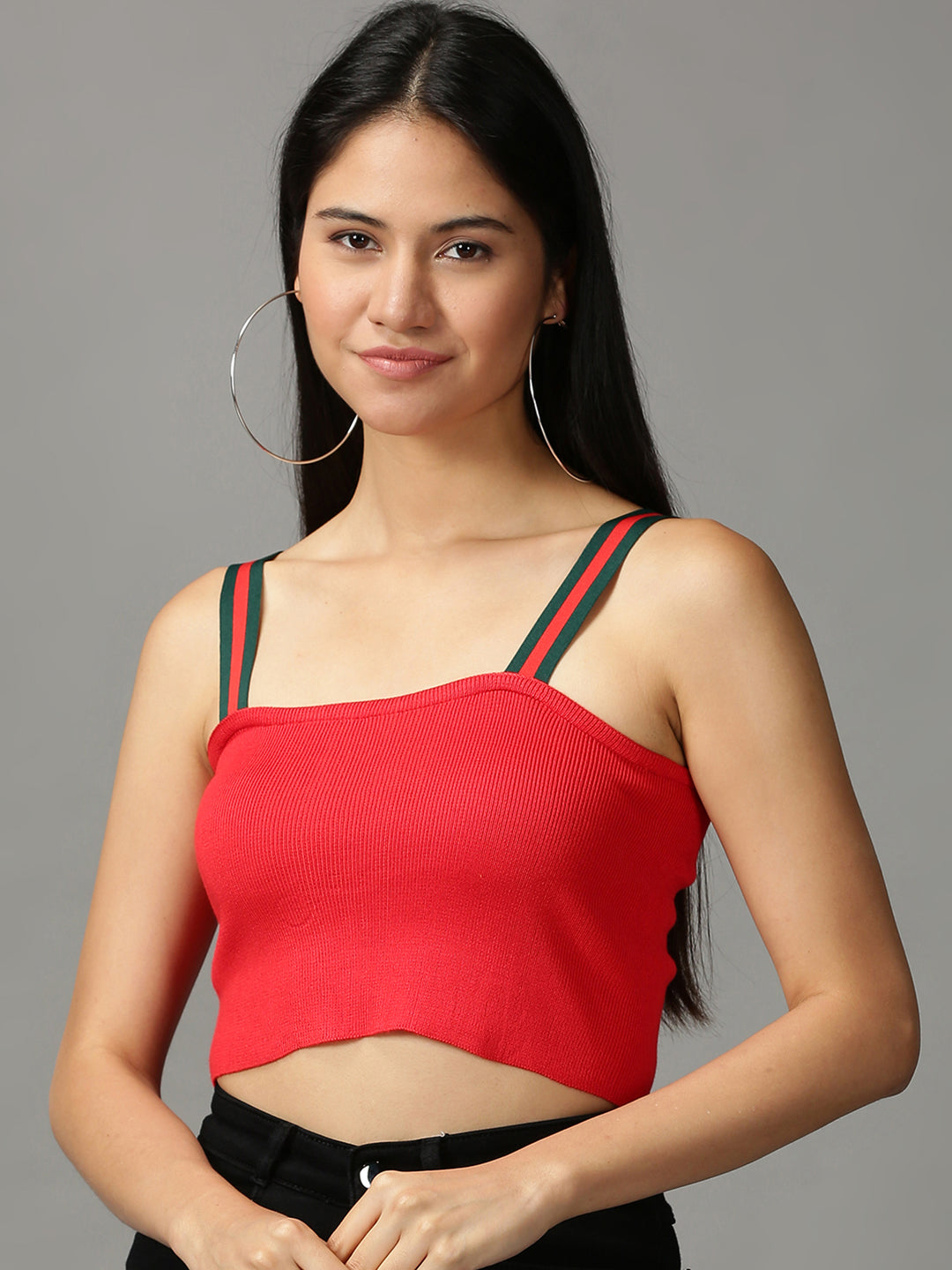 Women's Red Solid Fitted Crop Top