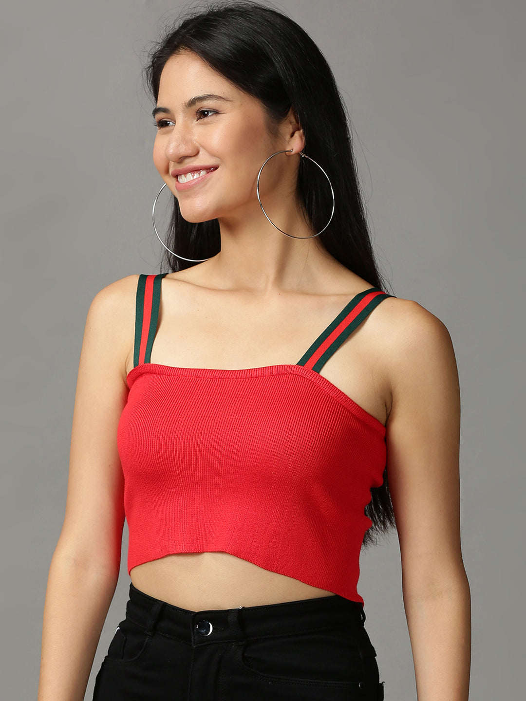 Women's Red Solid Fitted Crop Top